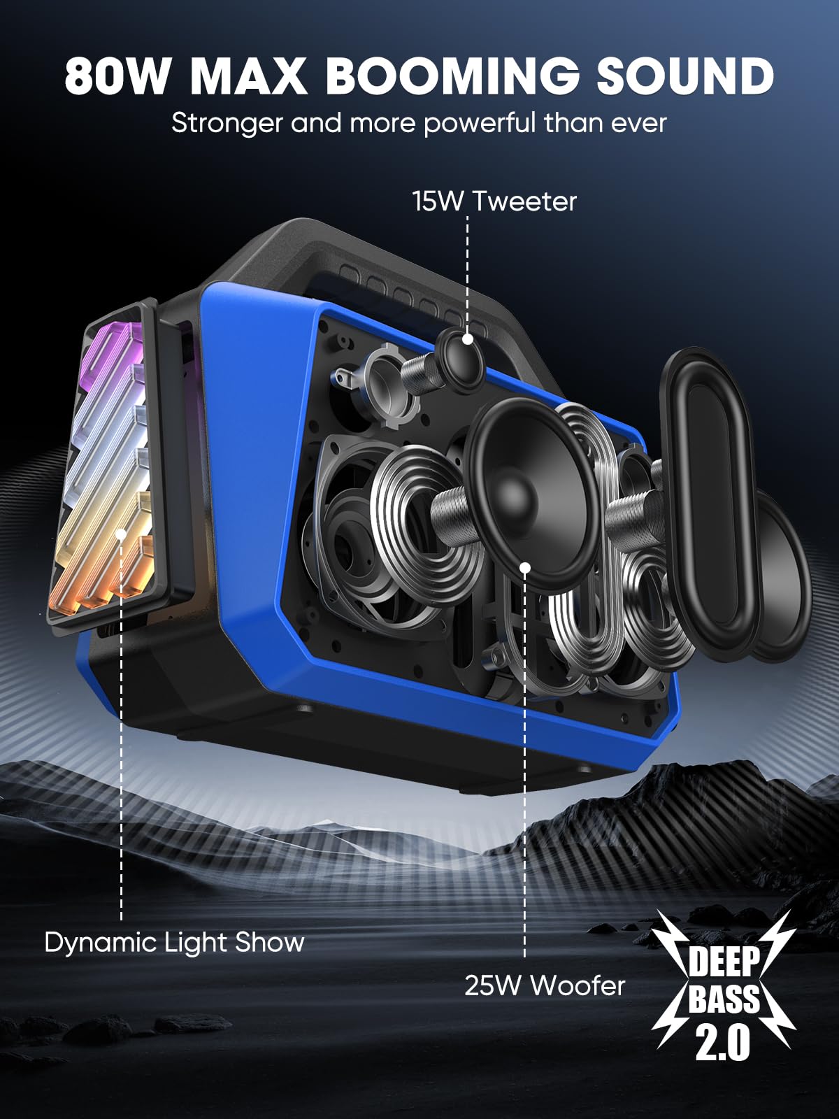 Tpwin Portable Bluetooth Speakers Loud - Wireless Speaker 80W Peak, Light Show, 20H Playtime, Strong Bass, Bt 5.3, Tws, Ipx6 Wat