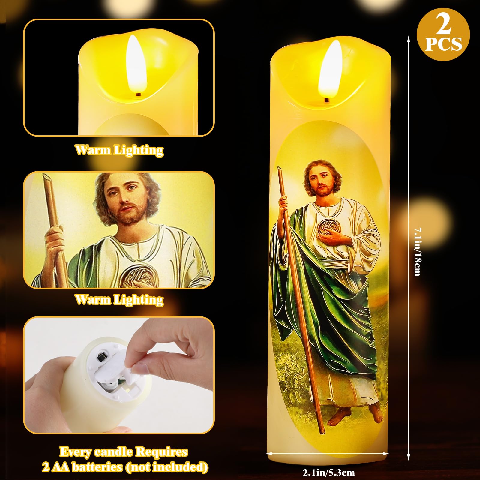Baquler 2 Pcs Religious Flameless Led Prayer Candle Real Wax Baptism Set Devotion Candles Religious Decoration Gift For Home And