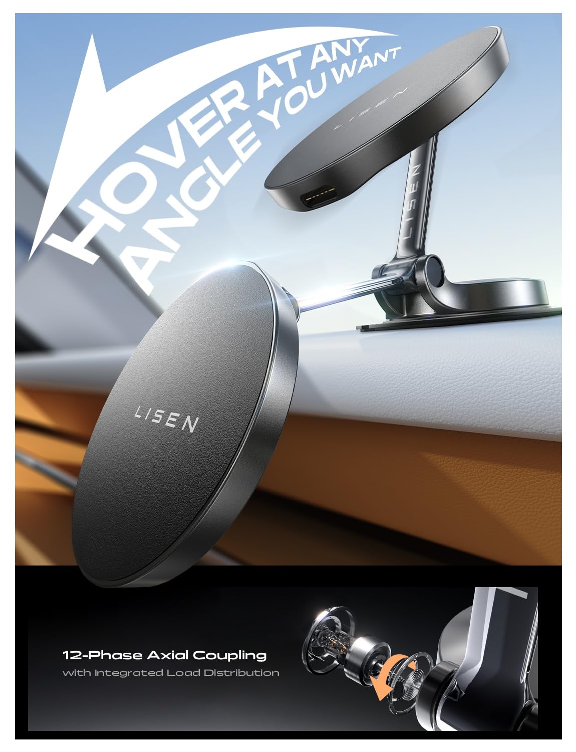 Lisen For Magsafe Car Mount Charger, 15W Fast Charging Ultra Magnetic Car Phone Holder [Mini & Metal], 2024 Wireless Magsafe Car