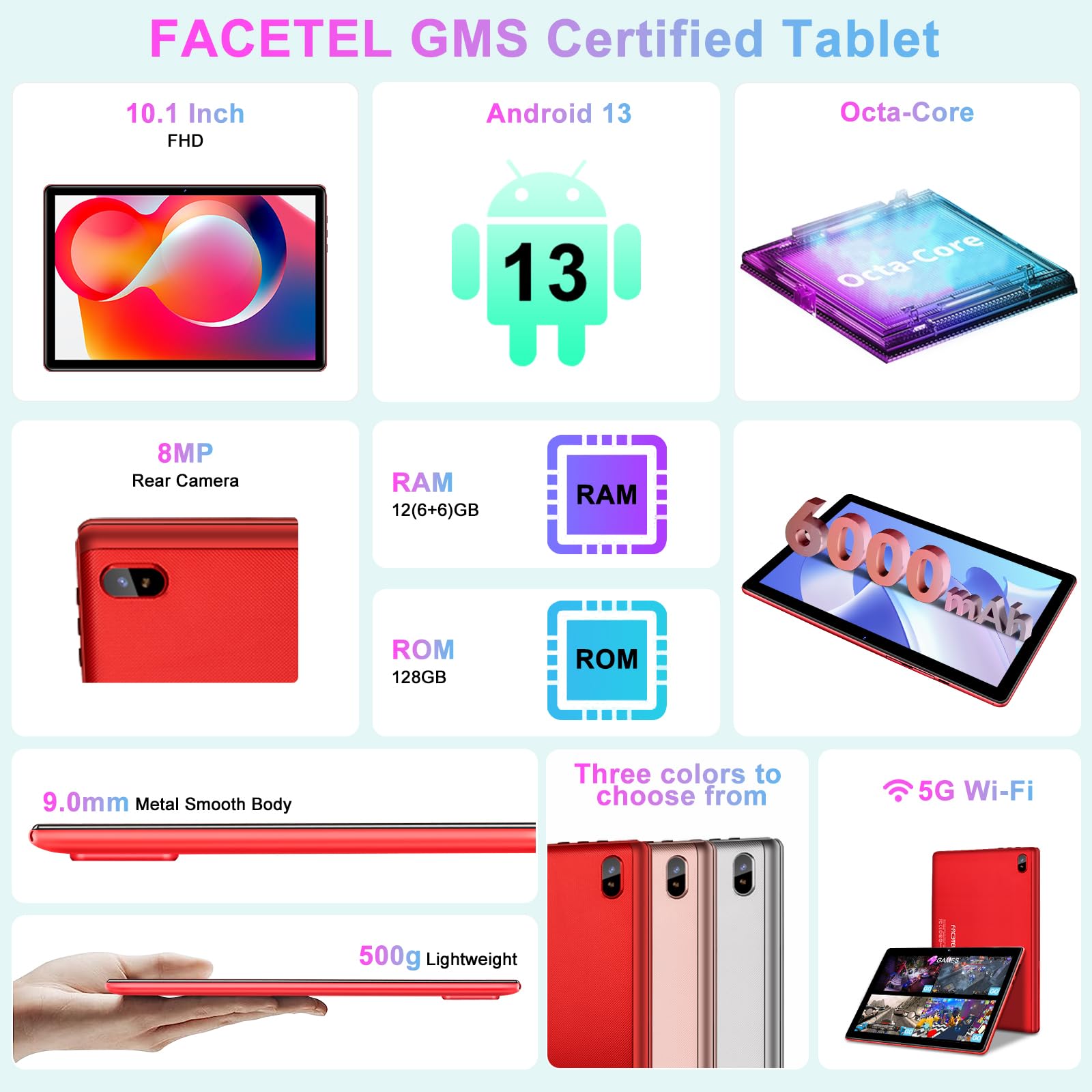 Facetel Tablet 10 Inch Android 13 Tablet Octa Core 2.0 Ghz With 12Gb Ram 128Gb Rom, 5G Wifi, 6000Mah, Hd Ips Touchscreen, Blueto
