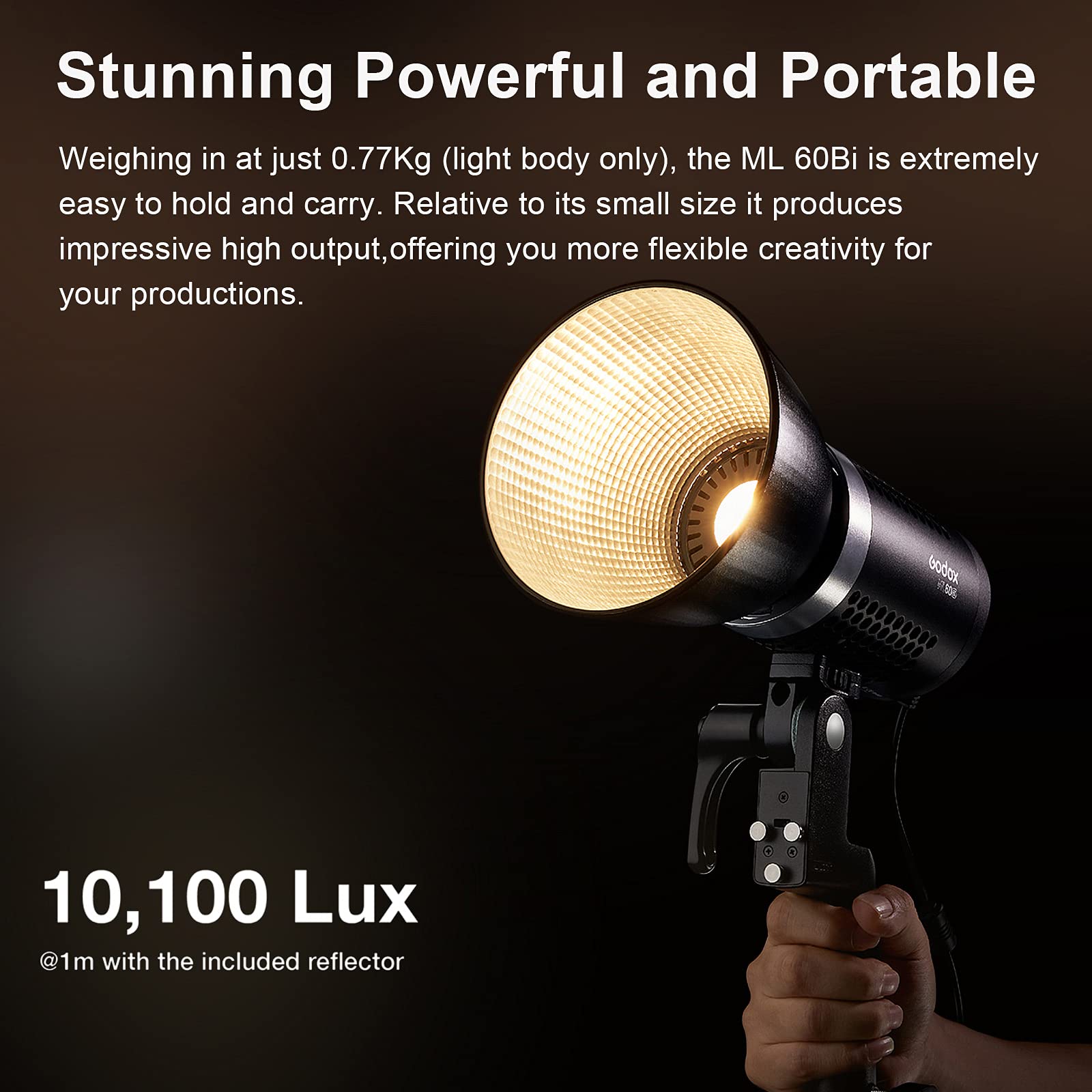 Godox Ml60Bi Bi Color 60W Led Video Light, 2800K 6500K Color Temperature, Cri 96+ Tlci 97+, 10100Lux@1M With Reflector, 7 Fx Eff