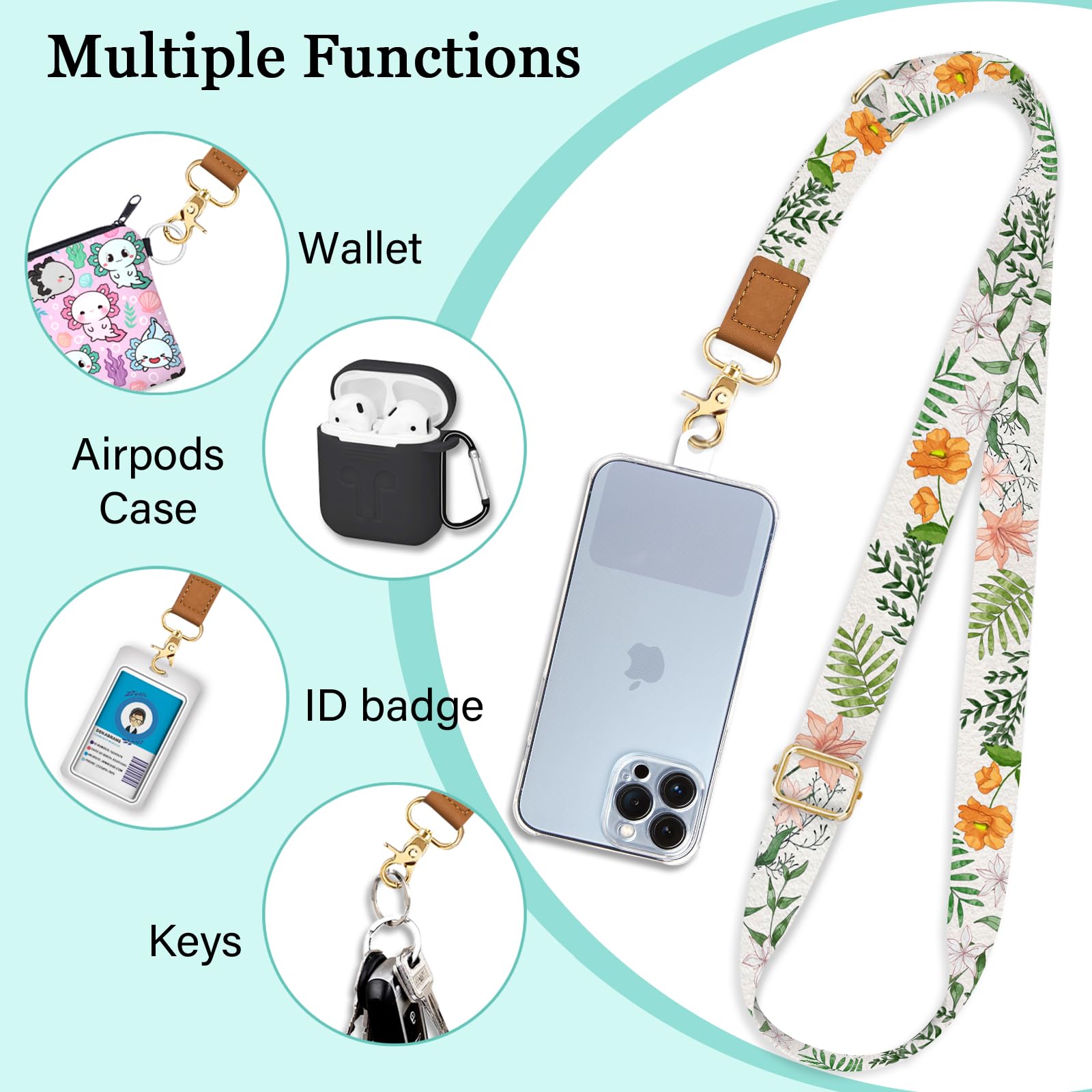 Piefly Phone Lanyard Crossbody Wrist Strap, Flower Cell Phone Lanyards For Around The Neck Wristlet Shoulder, Adjustable Floral