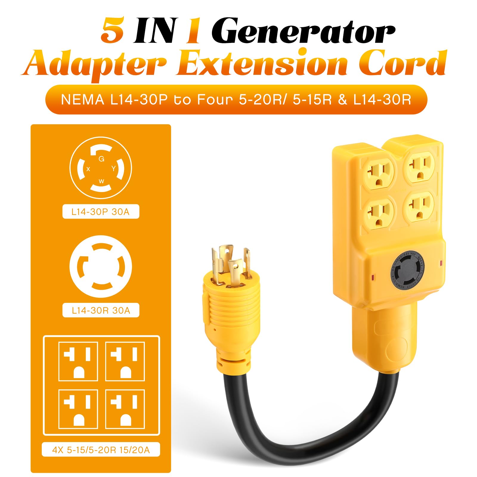 Kanayu Nema L14 30P To 4 Port 5 20R/ 5 15R & L14 30R Generator Adapter Extension Cord, 4 Prong Locking Generator 30 Amp To 15/20