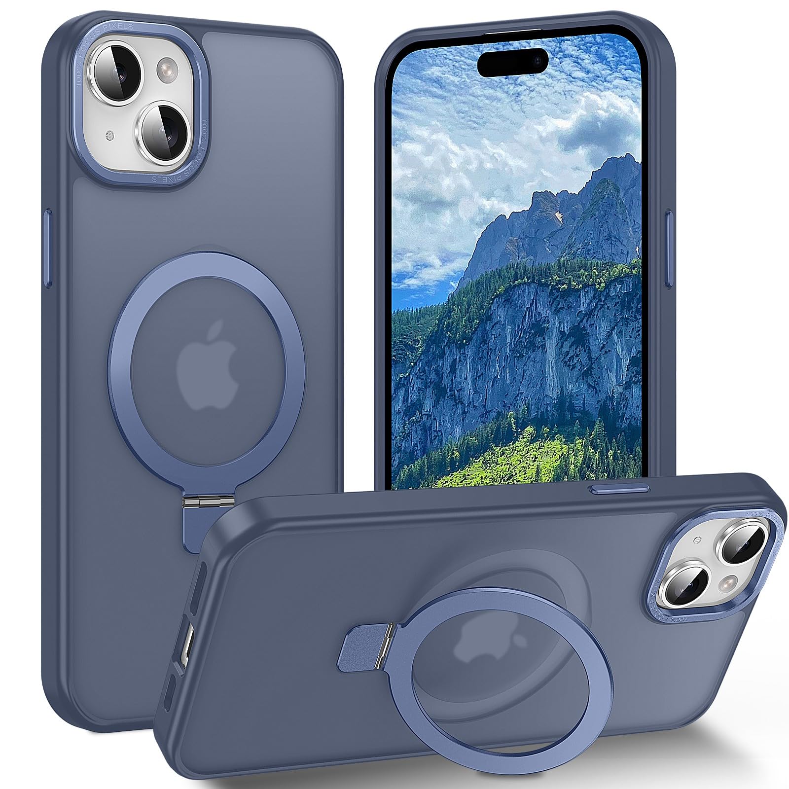 Lufanbis Magnetic For Iphone 15 Case With Ring Stand, [10 Ft Drop Protection] [Velvety Touch] Slim Translucent Matte Back Shockp