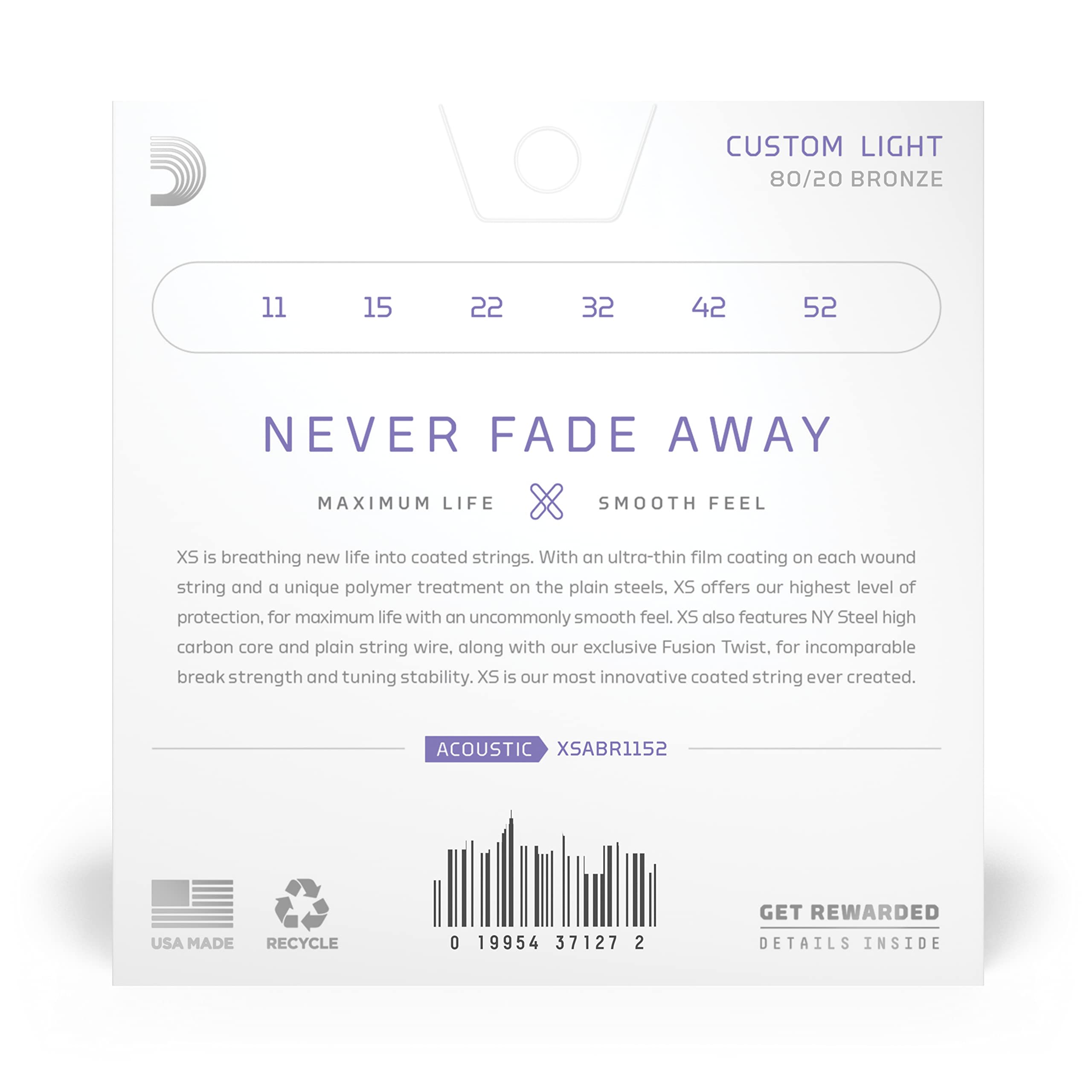 D'Addario Acoustic Guitar Strings, Xs 80/20 Bronze Coated, Xsabr1152, Custom Light Gauge 11 52, 6 String Set, Pack Of 1