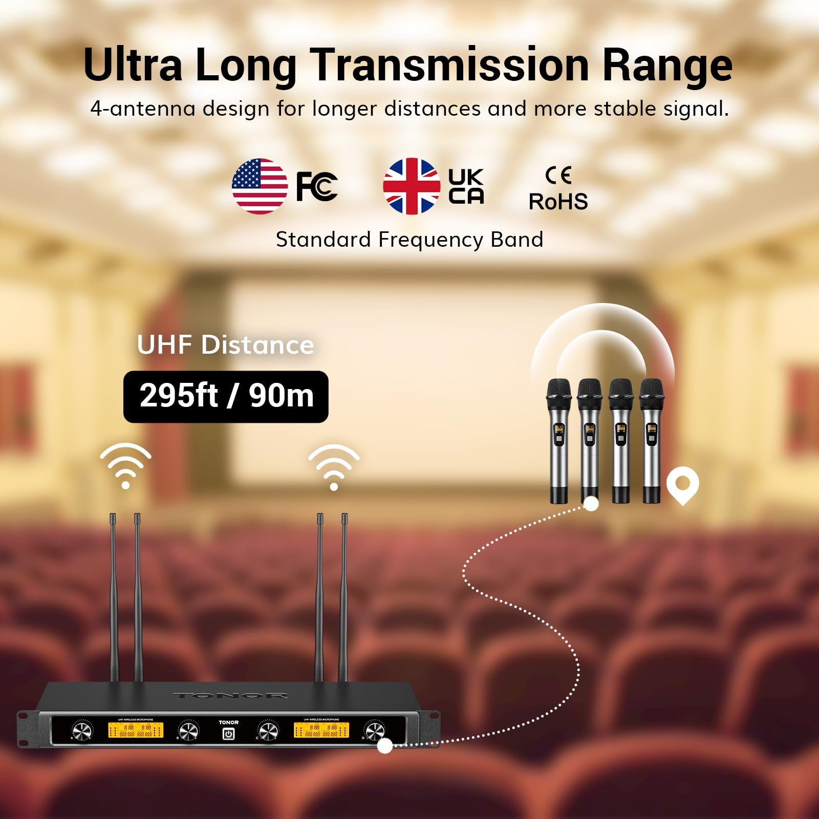 Tonor Wireless Microphones System With 4X10 Channels Metal Cordless Handheld Microfonos, 4 Antennas For 295Ft Uhf Range, Mics Wi