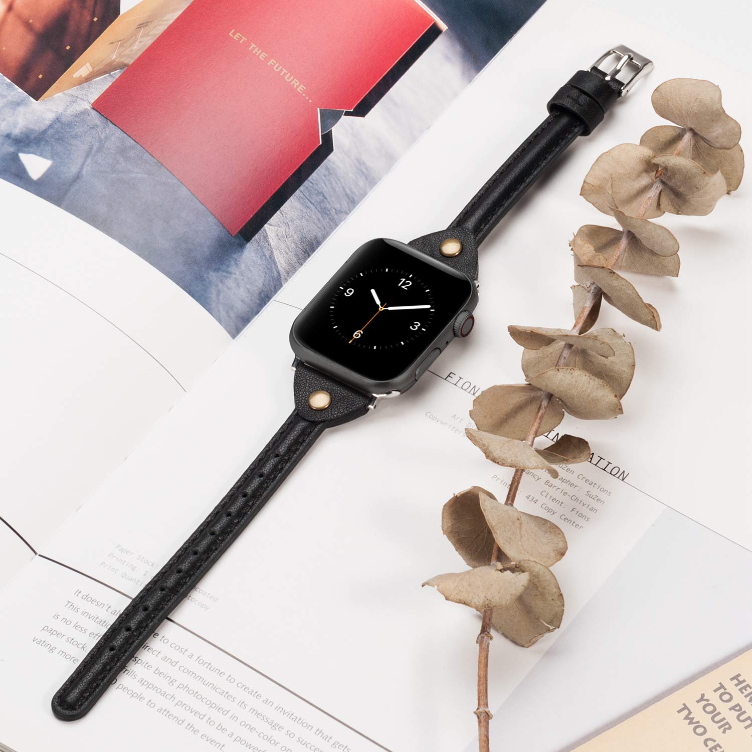 Wearlizer Black Leather Compatible With Apple Watch Slim Leather Band 42Mm 44Mm 45Mm 49Mm(Ultra) For Women Men Strap Wristband R