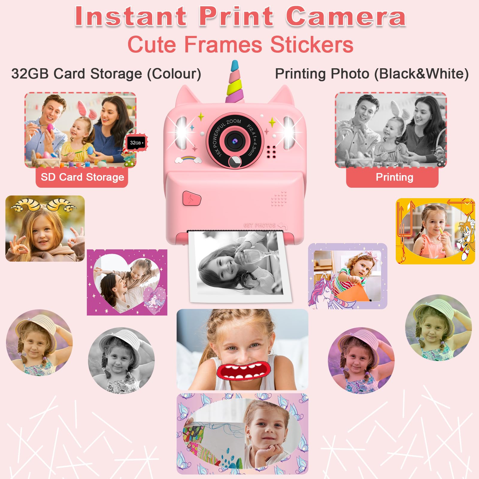 Instant Print Camera For Kids   Christmas Birthday Gift Toy For Girl Boy Age 3 9, Children Selfie Digital Cameras With Cartoon S