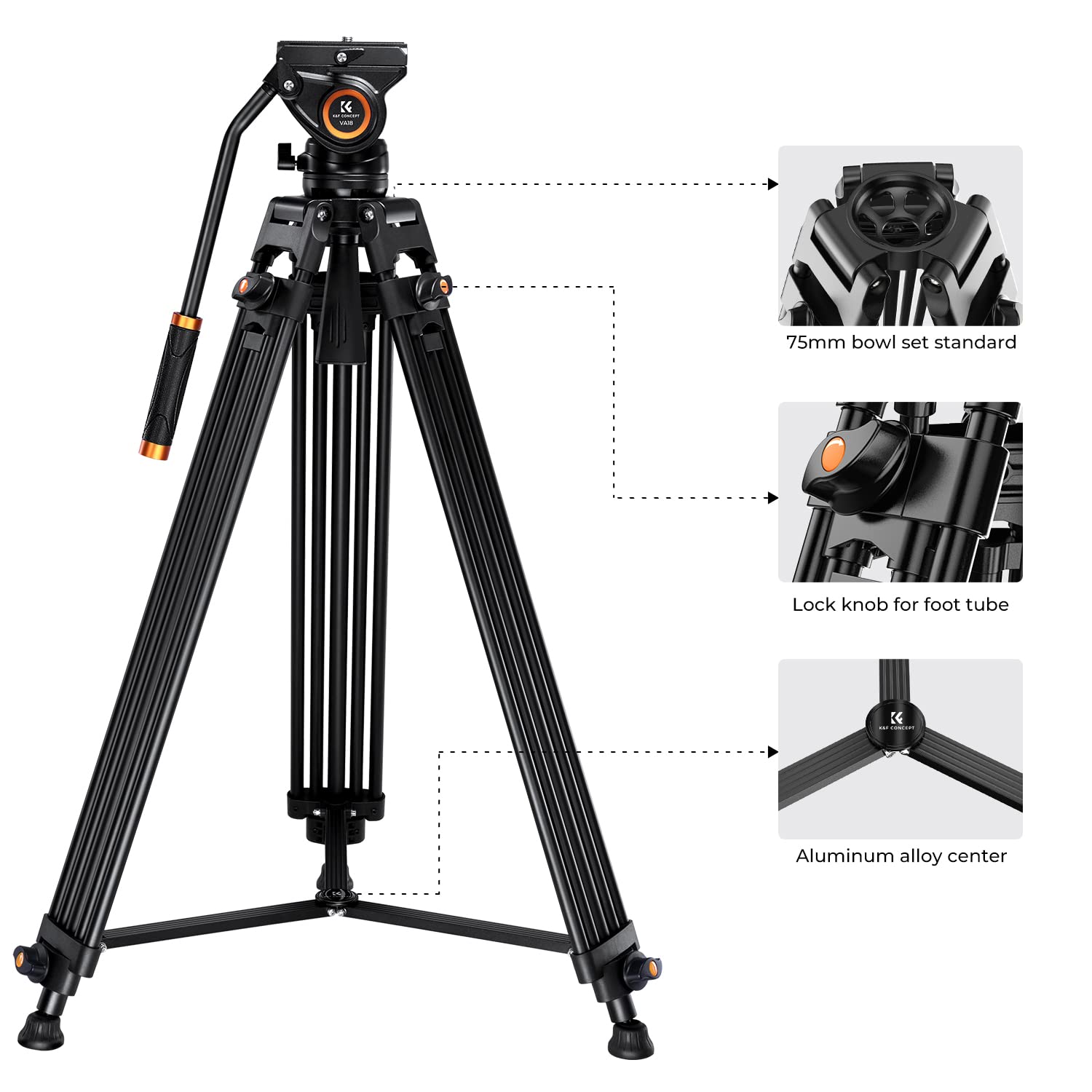 K&F Concept 72 Professional Video Tripod, Heavy Duty Aluminum Tube Tripod With Fluid Head Max Loading Capacity 17.6Lbs For Dslr
