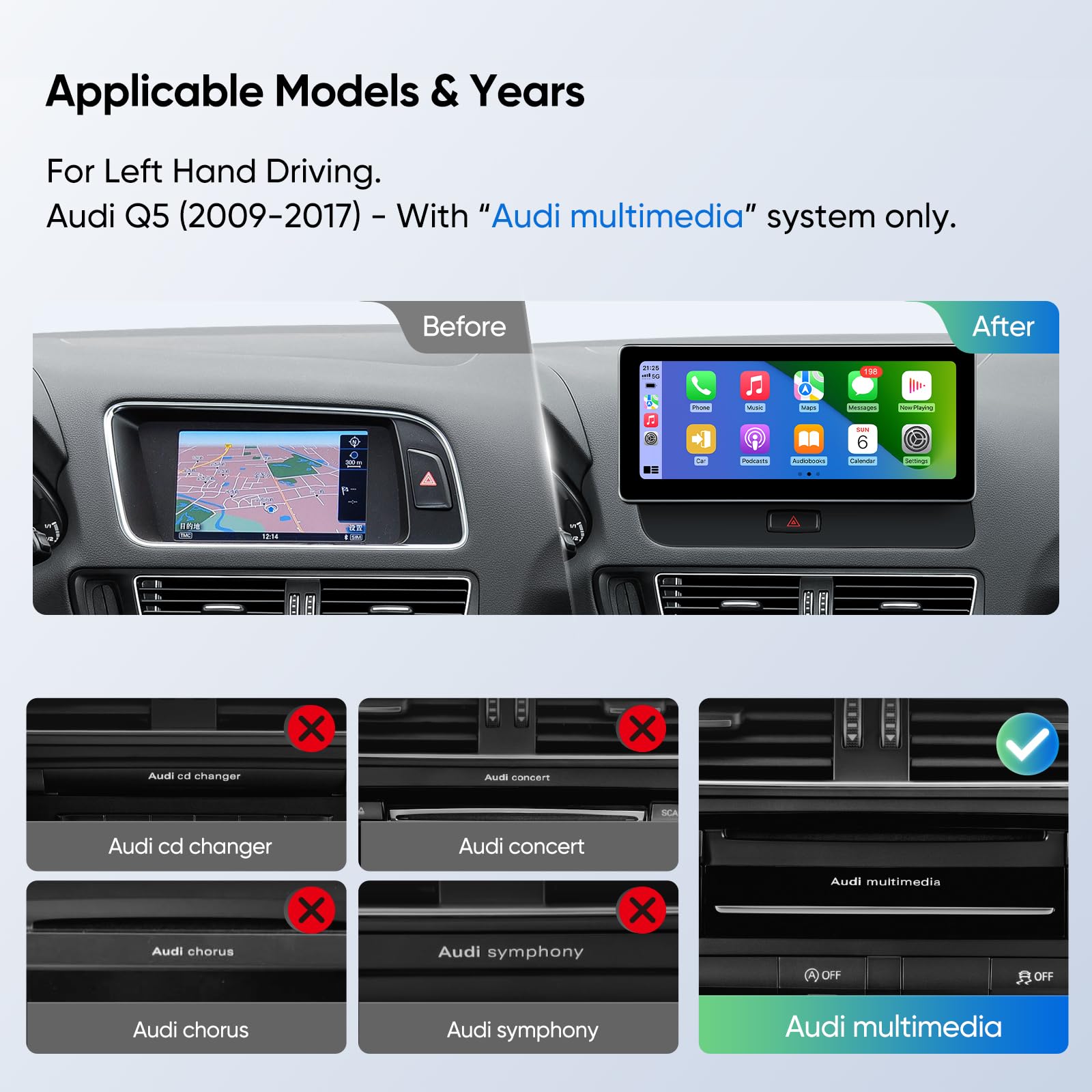 10.25 Inch Car Stereo Touchscreen For Audi Q5 2009 2017 With Audi Multimedia System, Android Auto Wireless Carplay Bluetooth Upg