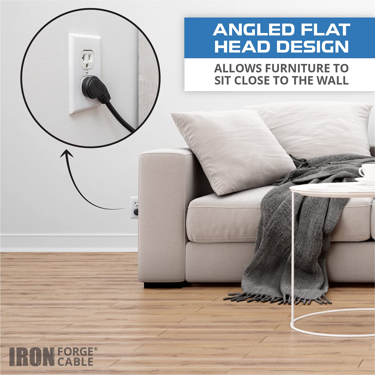 Iron Forge Cable Flat Plug Extension Cord 25 Ft, Low Profile Extension Cord 25 Foot With 45 Angled Flat Plug, 16 Awg Black Indoo