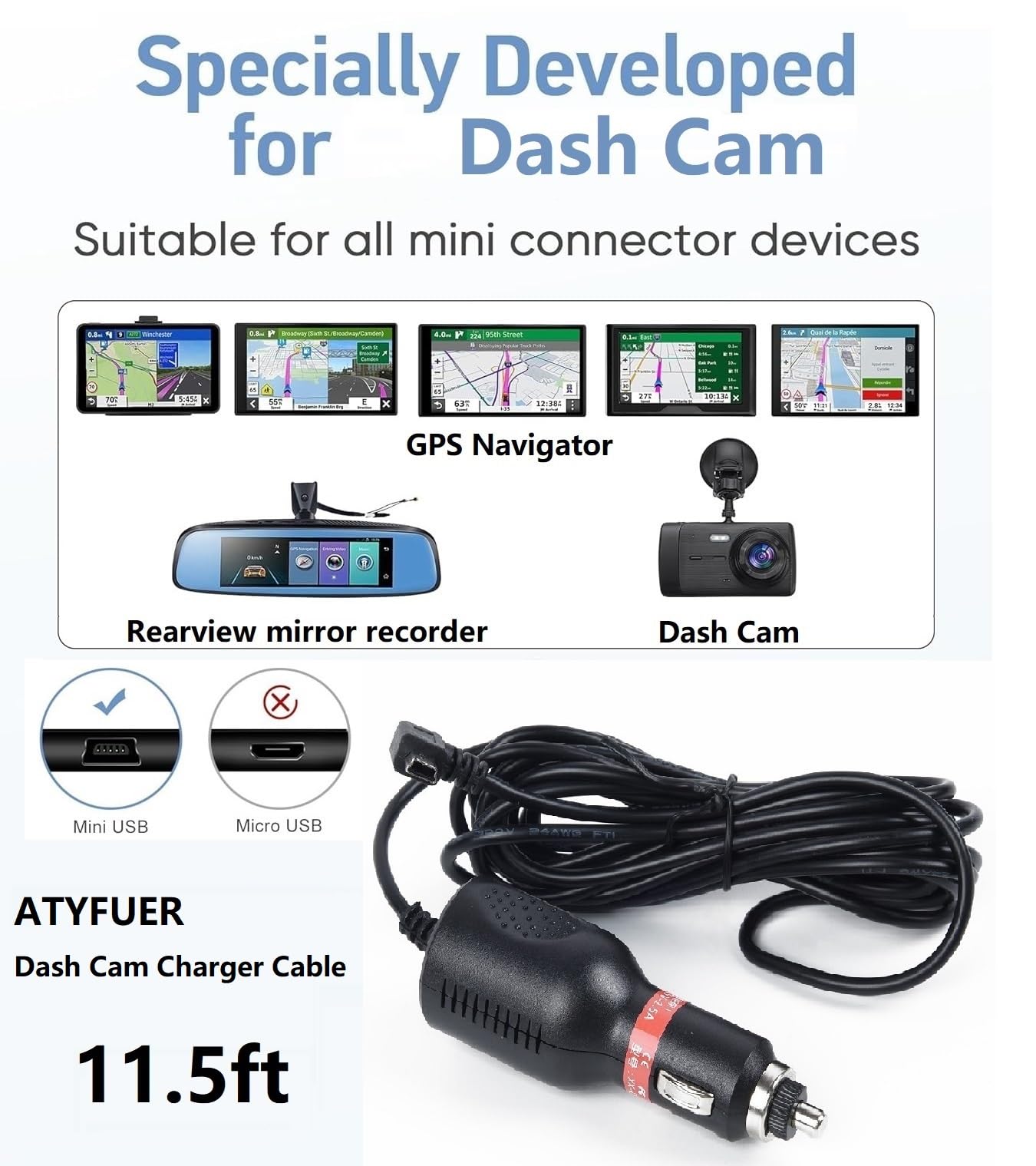 Dash Cam Charger Cable Gps Navigator Power Cord For Dash Cam Gps Mp3 Player Gps Navigator Charging For 12V Car And 24V Truck Car