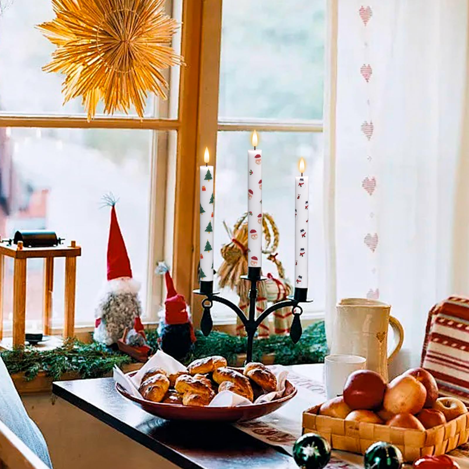 Kunswenn Christmas Flameless Taper Candles With Remote Timer, 6 Pcs Christmas Candlesticks With Christmas Tree Snowmans Santa De