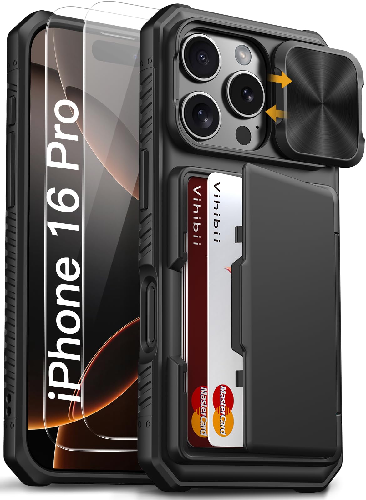 Vihibii For Iphone 16 Pro Case With [2X Screen Protector], Built In Card Holder (4 Cards), [Rfid Blocking] & Slide Camera Cover