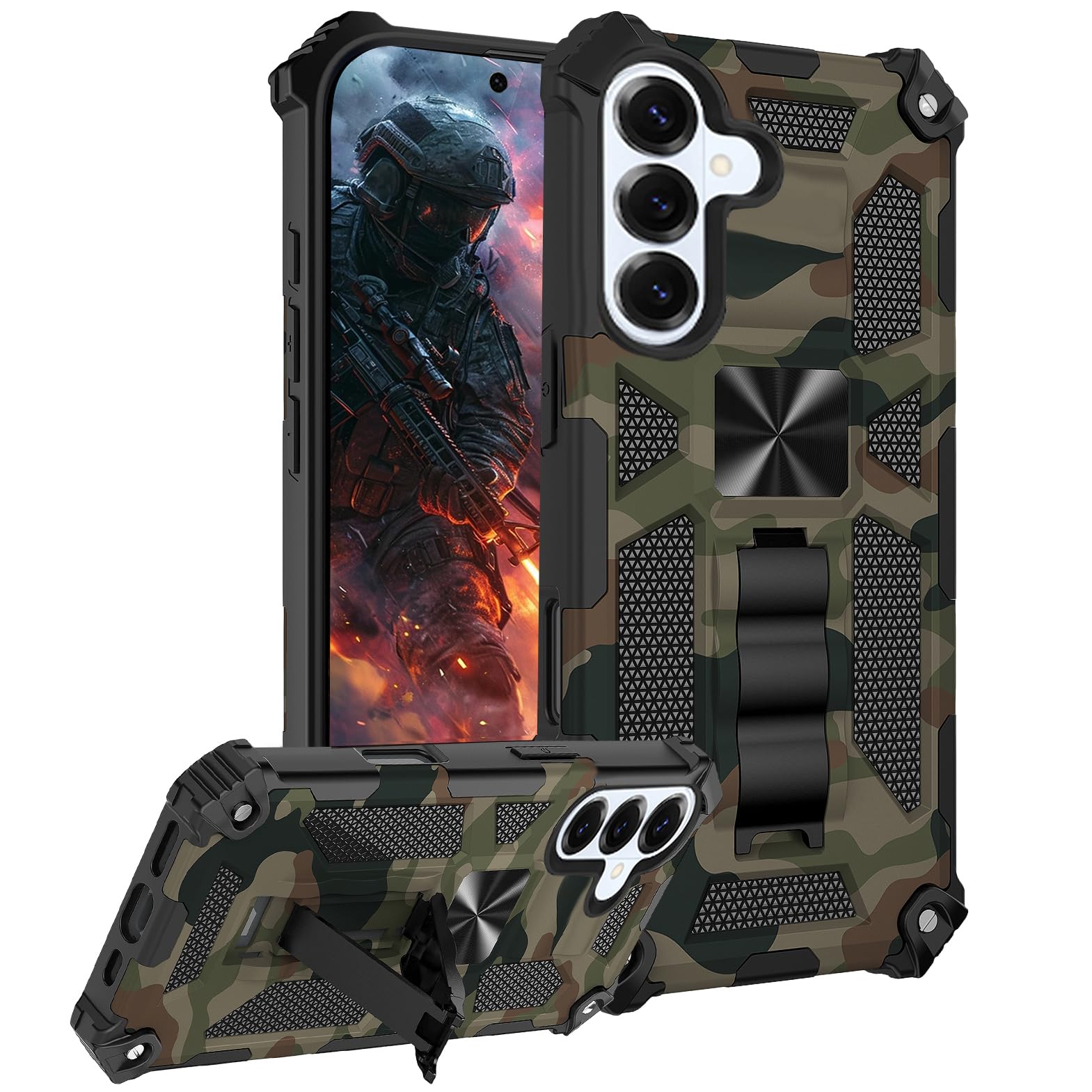 CCSmall for Samsung Galaxy S26 Plus Camo Case, Military Grade Shockproof Rugged Protective Men Phone Cover Case with Foldable Ki