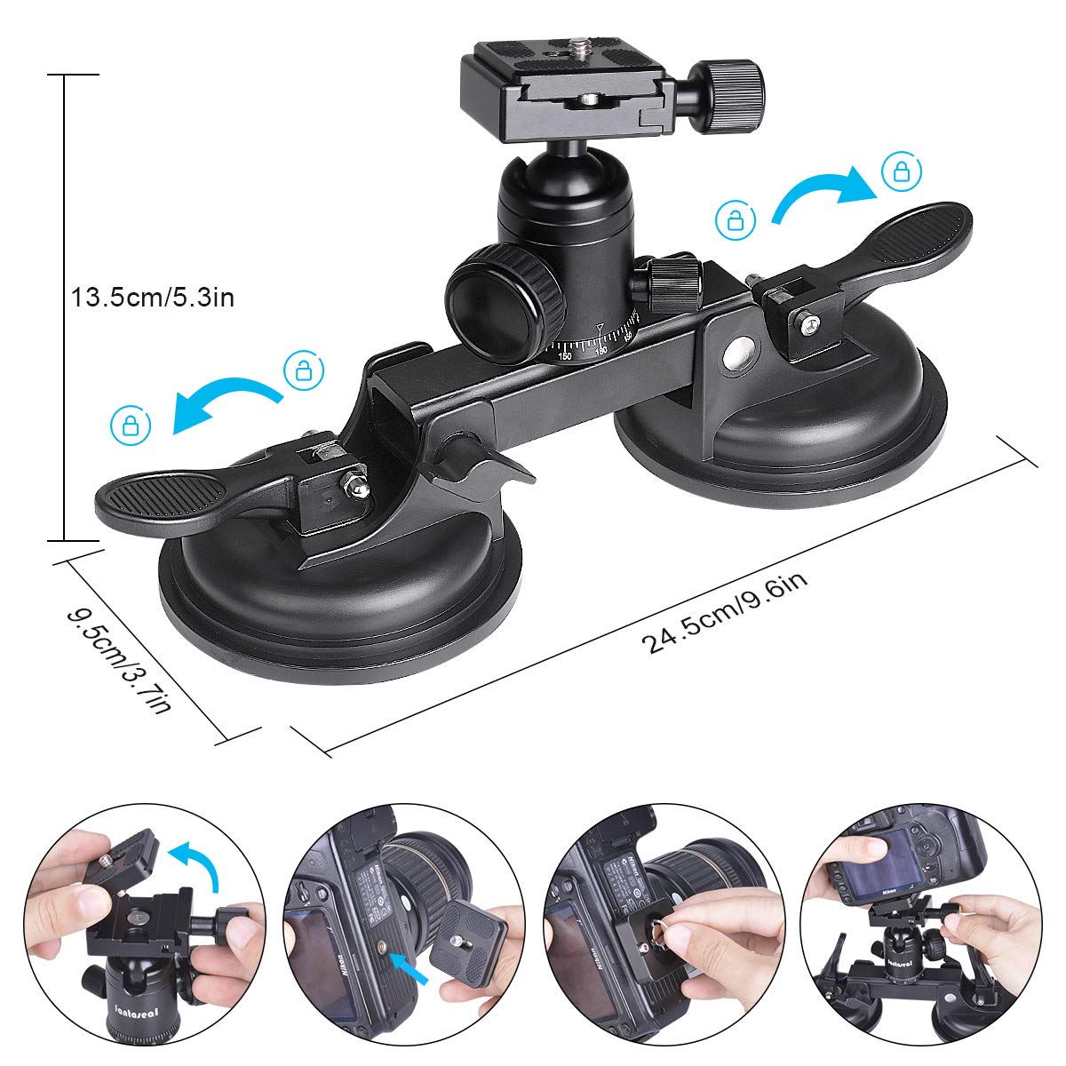 Professional Heavy Duty (20 Lbs Load) Dslr Mirorrless Camera Suction Cup Car Mount Camcorder Vehicle Holder W/ 360Panorama Ball