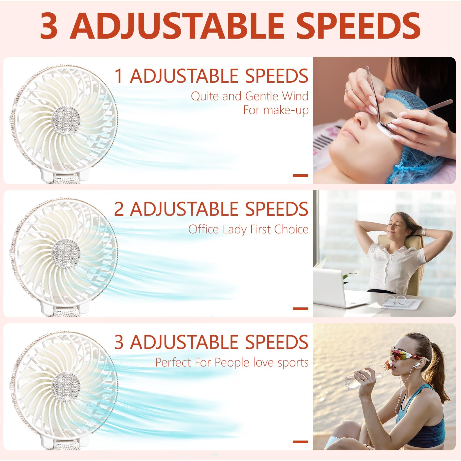 Mudder Crystal Bling Rhinestone Mini Handheld Fan Portable Usb Rechargeable Fan Battery Operated Small Folding Personal Fan For