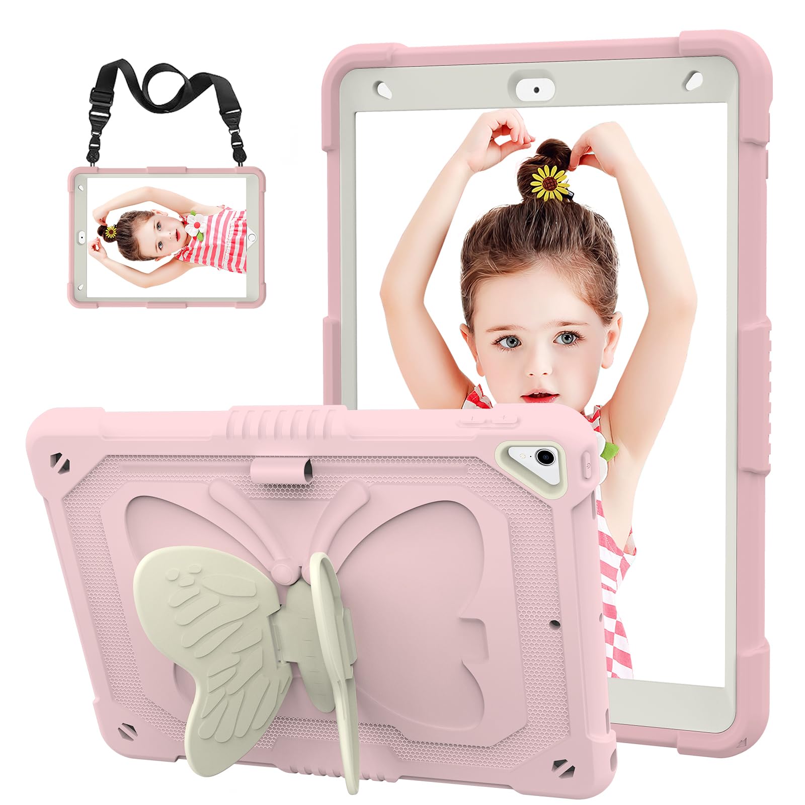 Hogenl For Ipad 9Th 8Th 7Th Generation Case For Kids Girls With Pencil Holder,For Ipad 10.2 Case With Butterfly Stand Shoulder S