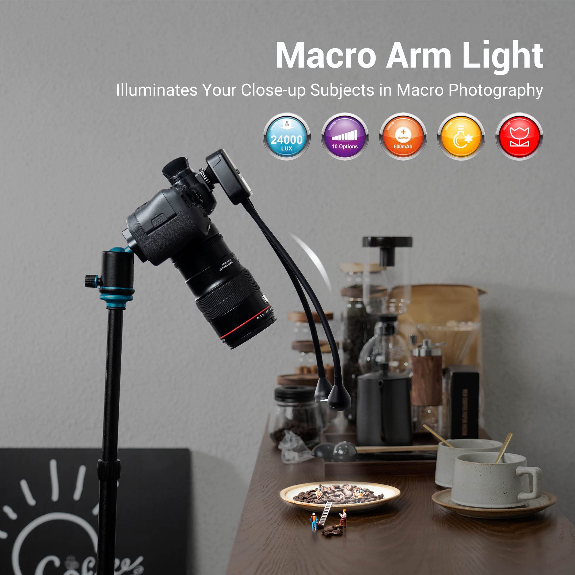 JJC LED Macro Arm Light 10 Level Adjustable Brightness CRI 95+ 5600K Type-C Charge for DSLR Mirrorless Camera
