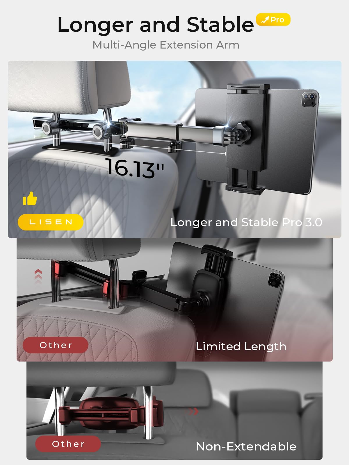 Lisen For Ipad Holder For Car Headrest, Tablet Holder For Car Mount [3 In 1] Ipad Holder Back Seat For Kids Long Road Trip Car C