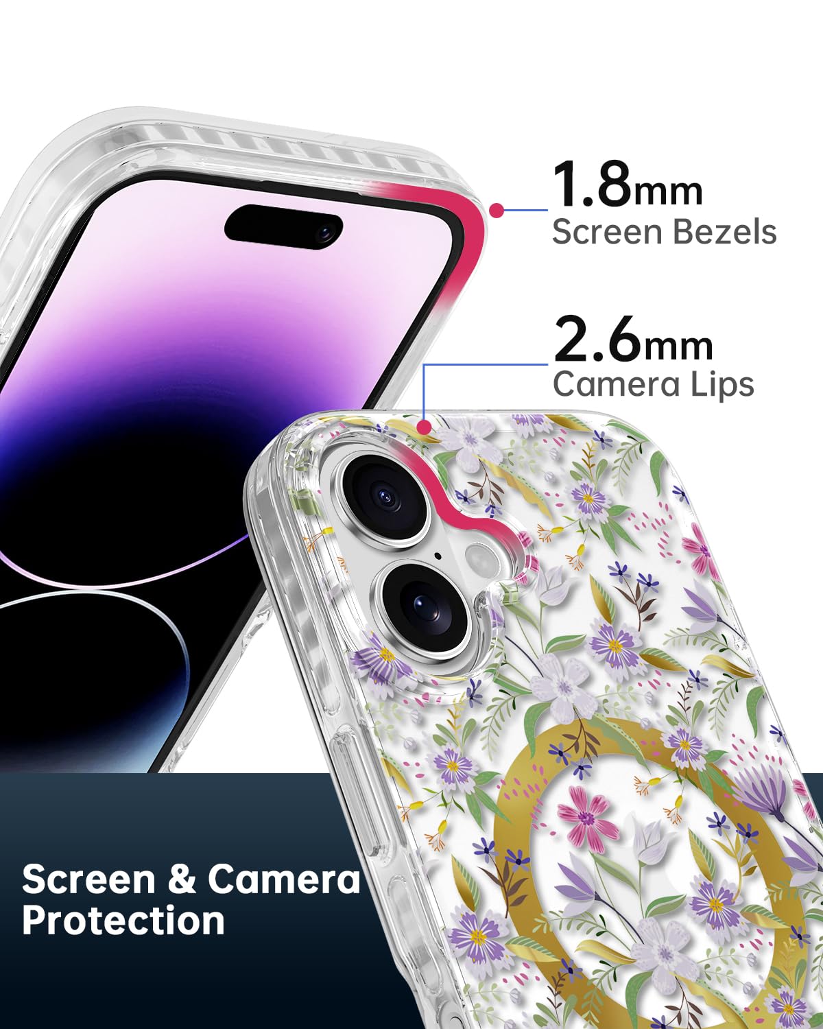 Scorpify For Iphone 16 Case [Compatible With Magsafe] With Purple Cherry Floral Design, Cute Clear Flower Magnetic Phone Cover F