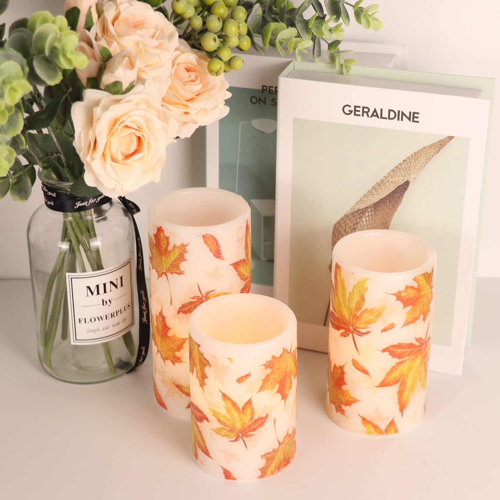 Genswin Maple Leaf Flickering Flameless Candles Battery Operated With 6 Hours Timer, Real Wax Led Pillar Led Candles Christms We