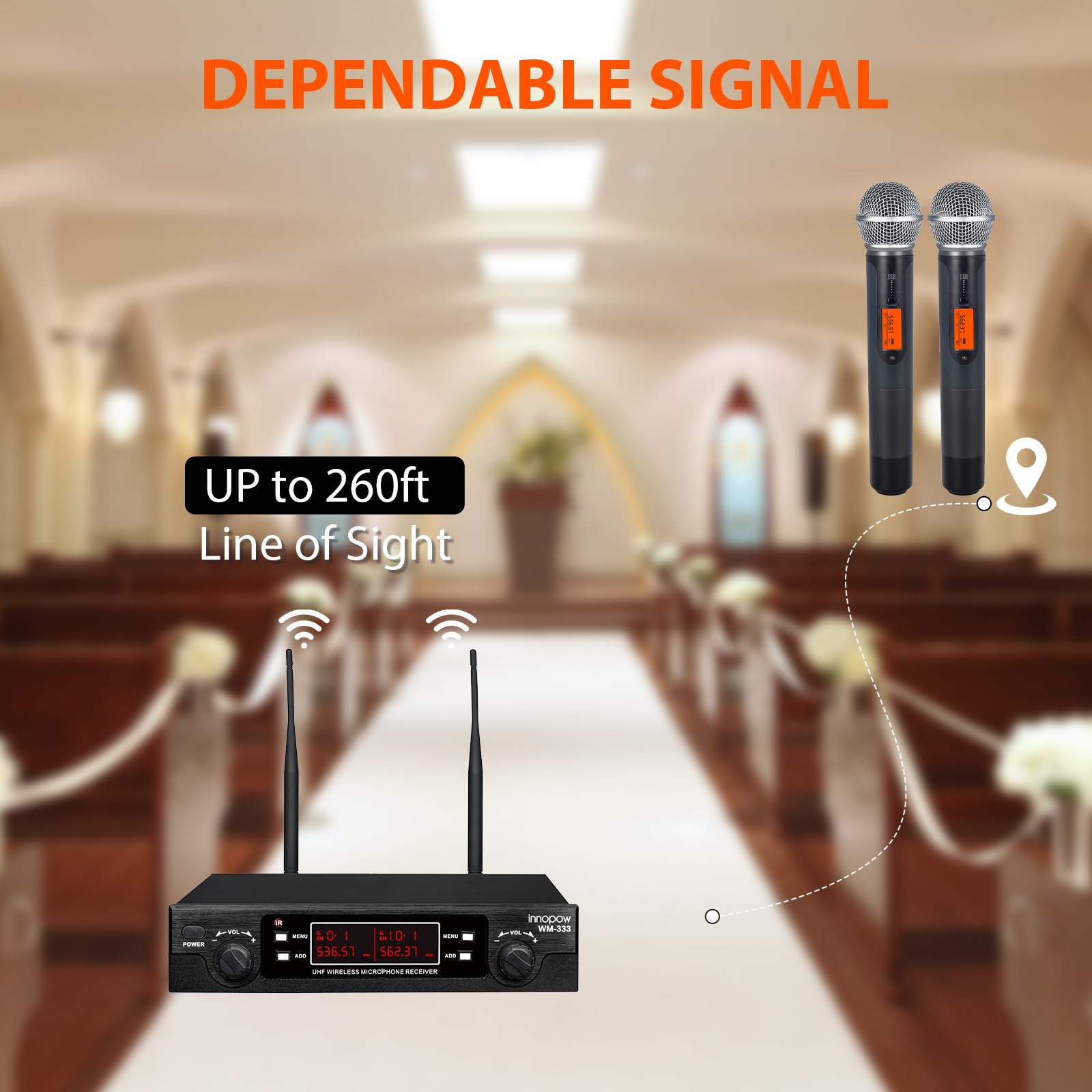 innopow WM-333 Wireless Microphone System, Dual UHF Cordless Mics, Long Range 200-240Ft, Metal, 16 Hours Use, 2 Handheld Mics