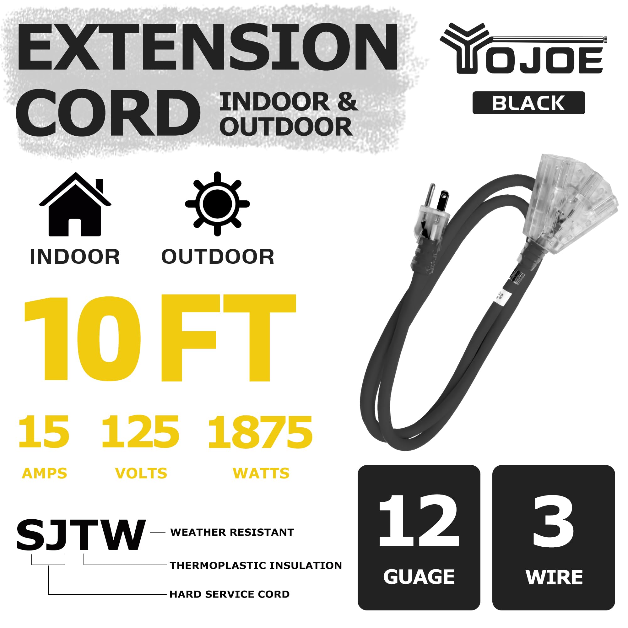 Yojoe 3 Outlets Indoor Outdoor Extension Cord With Lighted End, 3 Prong 15A Weatherproof Power Cord, 12 Gauge Heavy Duty 10 Ft B