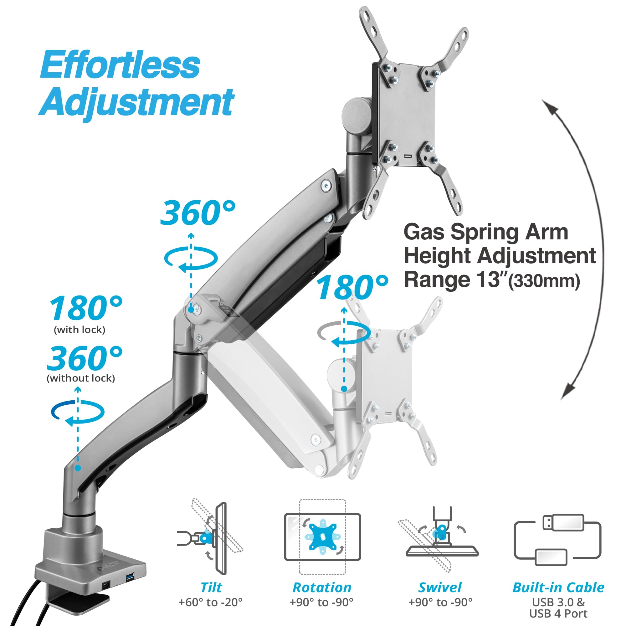Avlt Single 17'' 57'' Super Ultrawide Monitor Arm For Screens Up To 59.5 Lbs, Premium Aluminum Desk Stand, Adjustable Pneumatic