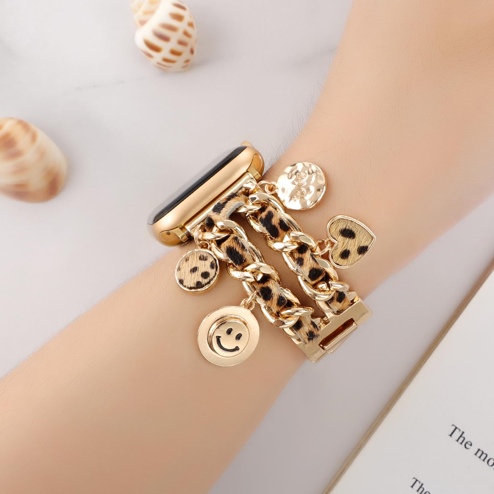 Realsign Stylish Metal Wristband Compatible With Apple Watch Band 42 44 45 46 49Mm,Cuban Chain Band Leopard Love Smile Face Pend