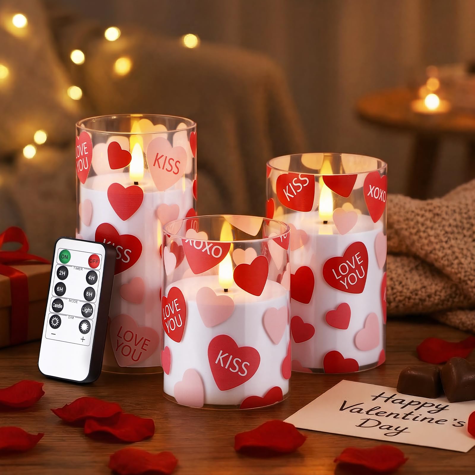 VIHOSE 3 Pcs Valentine LED Flameless Candles with Remote Romantic Heart Battery Operated Pillar Candles for Valentines Gifts Hom