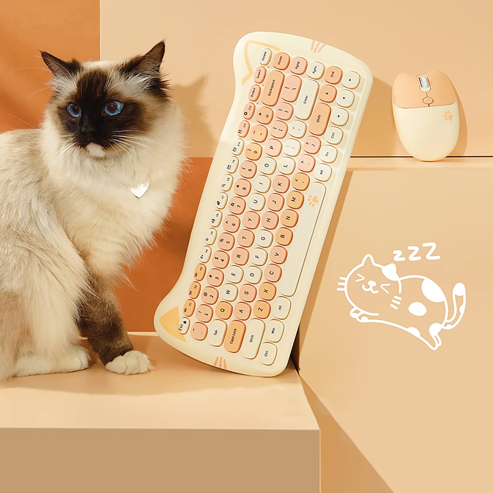 Cute Cat 2.4G Usb Wireless Keyboard And Mouse Combo, Silent Keys, Candy Colors, Compatible With Notebook, Pc (Milktea 84Keys)