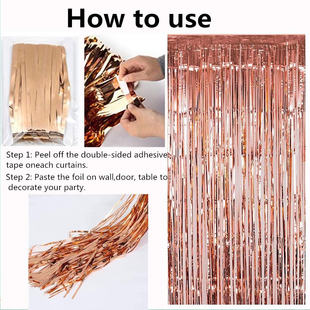 3Pcs Rose Gold Metallic Tinsel Foil Fringe Curtains, Zapikic 3Ft X 8Ft Abcty Party Decor Backdrop For Birthday Wedding Engagemen