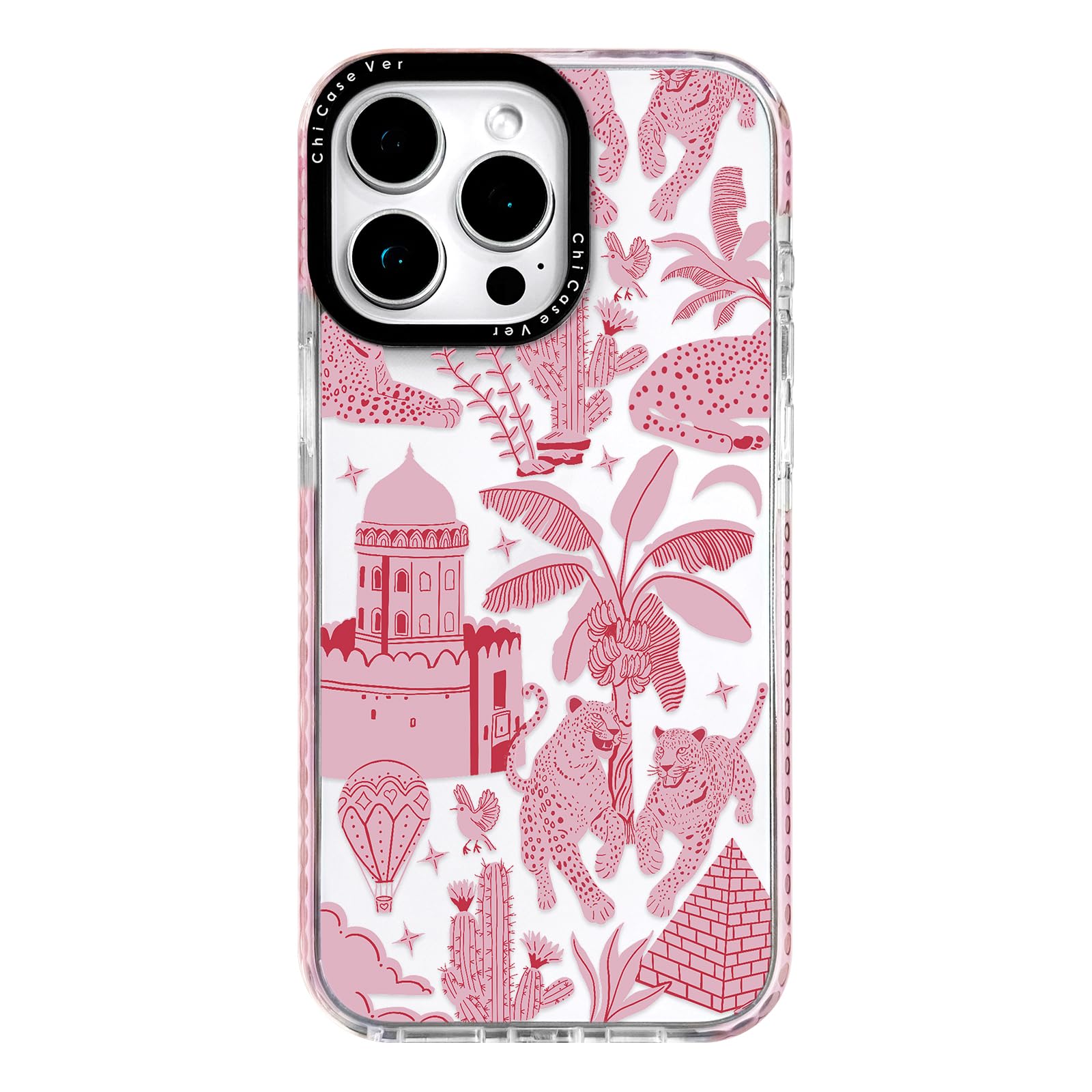 ChiCaseVer for iPhone 13 mini Case, Whimsical Pink Leopard Safari Pattern with Pyramids & Balloons, Military-Grade Drop Protecti