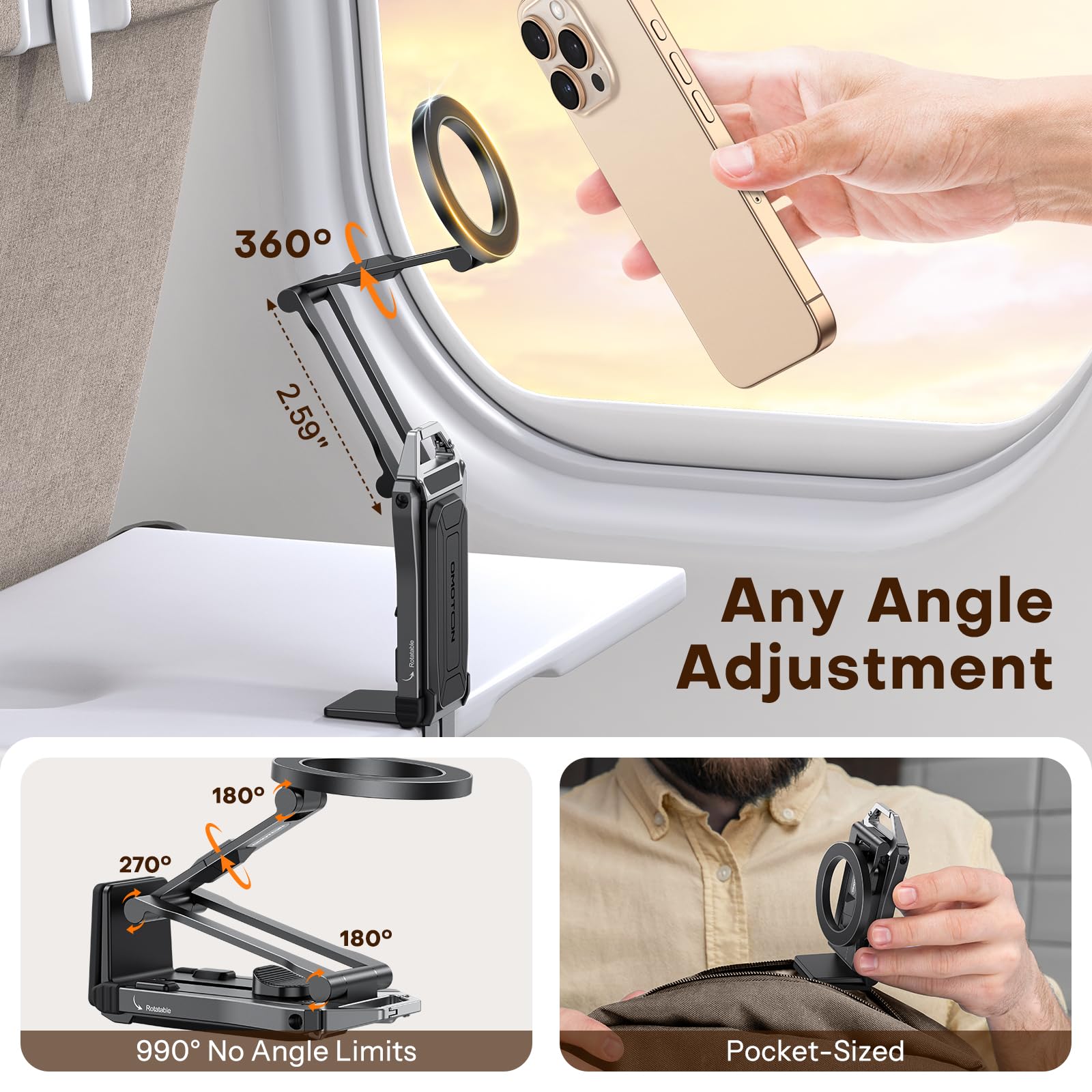 Omoton 360Rotating For Magsafe Tripod Mount, Adjustable Aluminum Magnetic Phone Tripod For Iphone 17/16/15/14 Pro Max Air, Folda