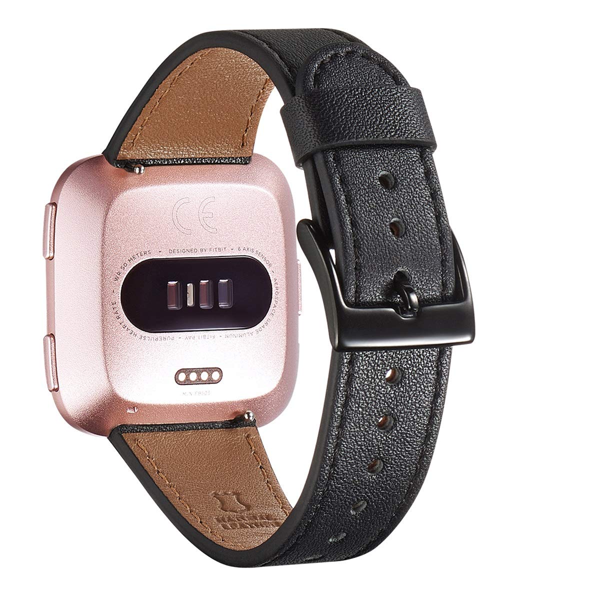 Wfeagl For Fitbit Versa Band, Top Grain Leather Band For Fitbit Versa Fitness Smart Watch (Black Band + Black Buckle)