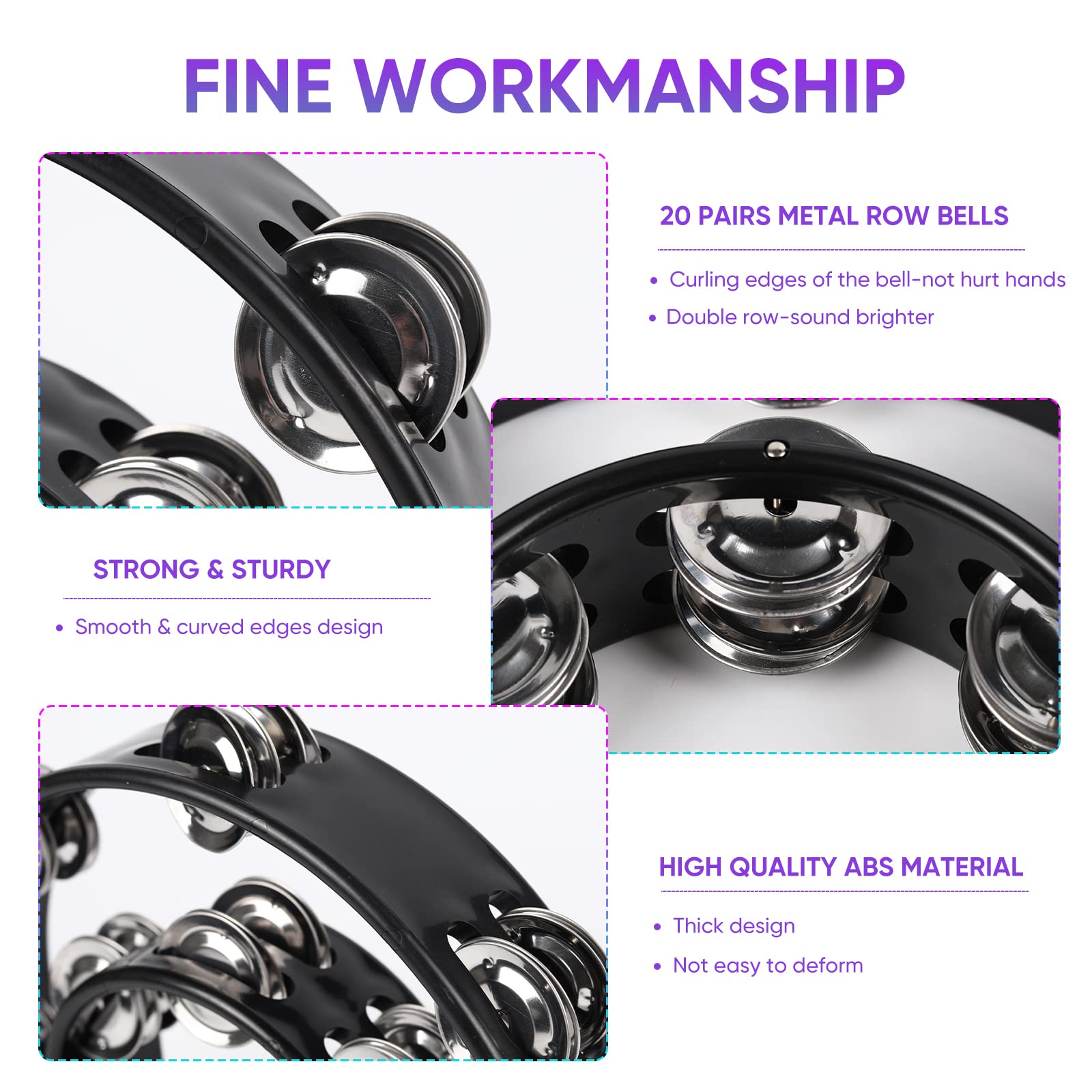 Tambourine Double Row Metal Jingles Bell Hand Held Percussion Half Moon Tambourines Musical Instrument For Adults Kids Party, Kt