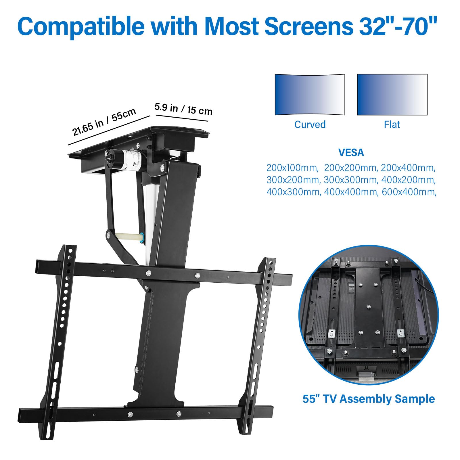TOPSKY Electric Adjustable Ceiling TV Mount, Motorized for 32-70" TVs, Black, Model TV01.01