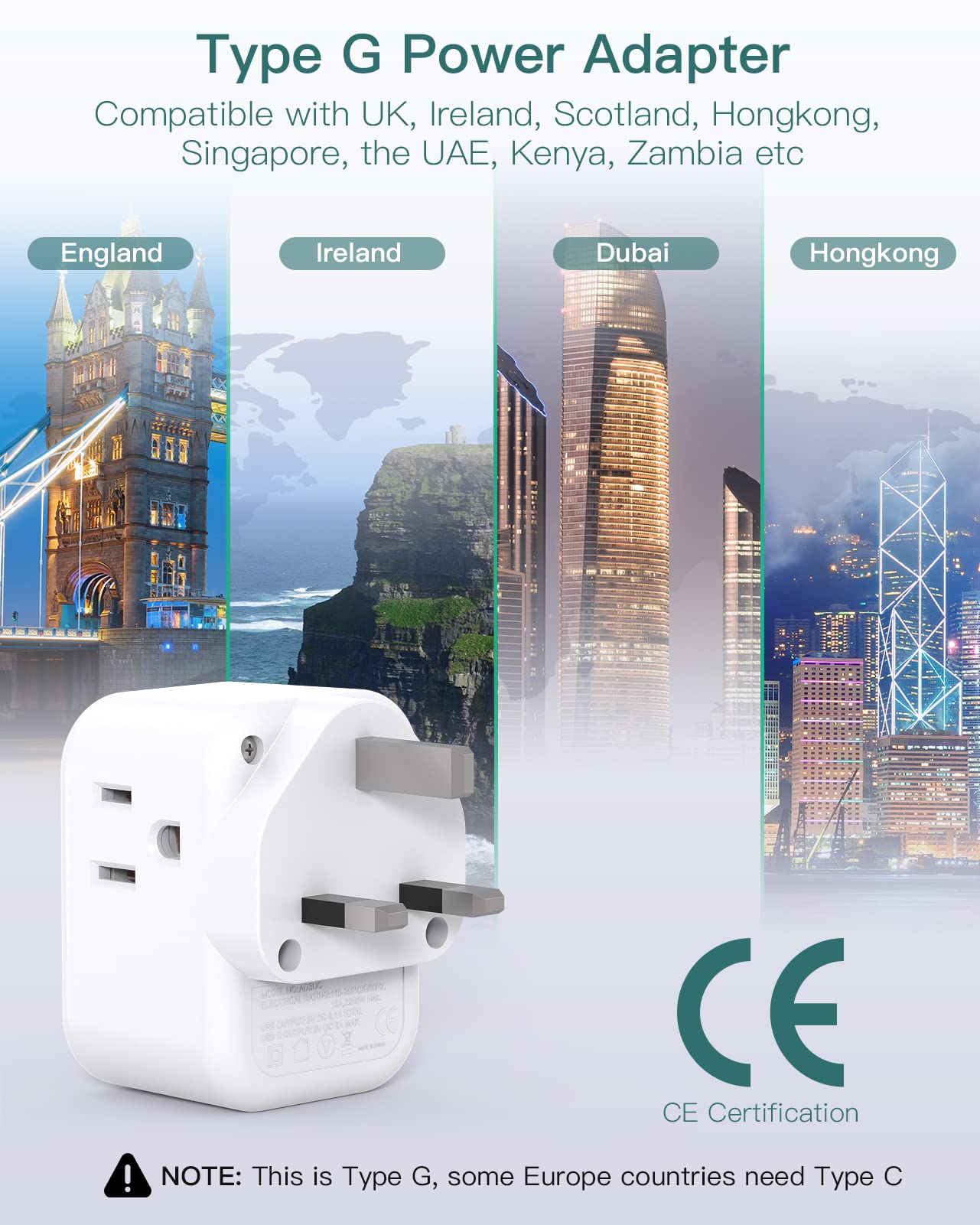 Us To Uk Ireland Plug Adapter, Addtam Type G Power Adapter With 3 Ac Outlets And 3 Usb(1 Usb C), Travel Essentials For Usa To Du
