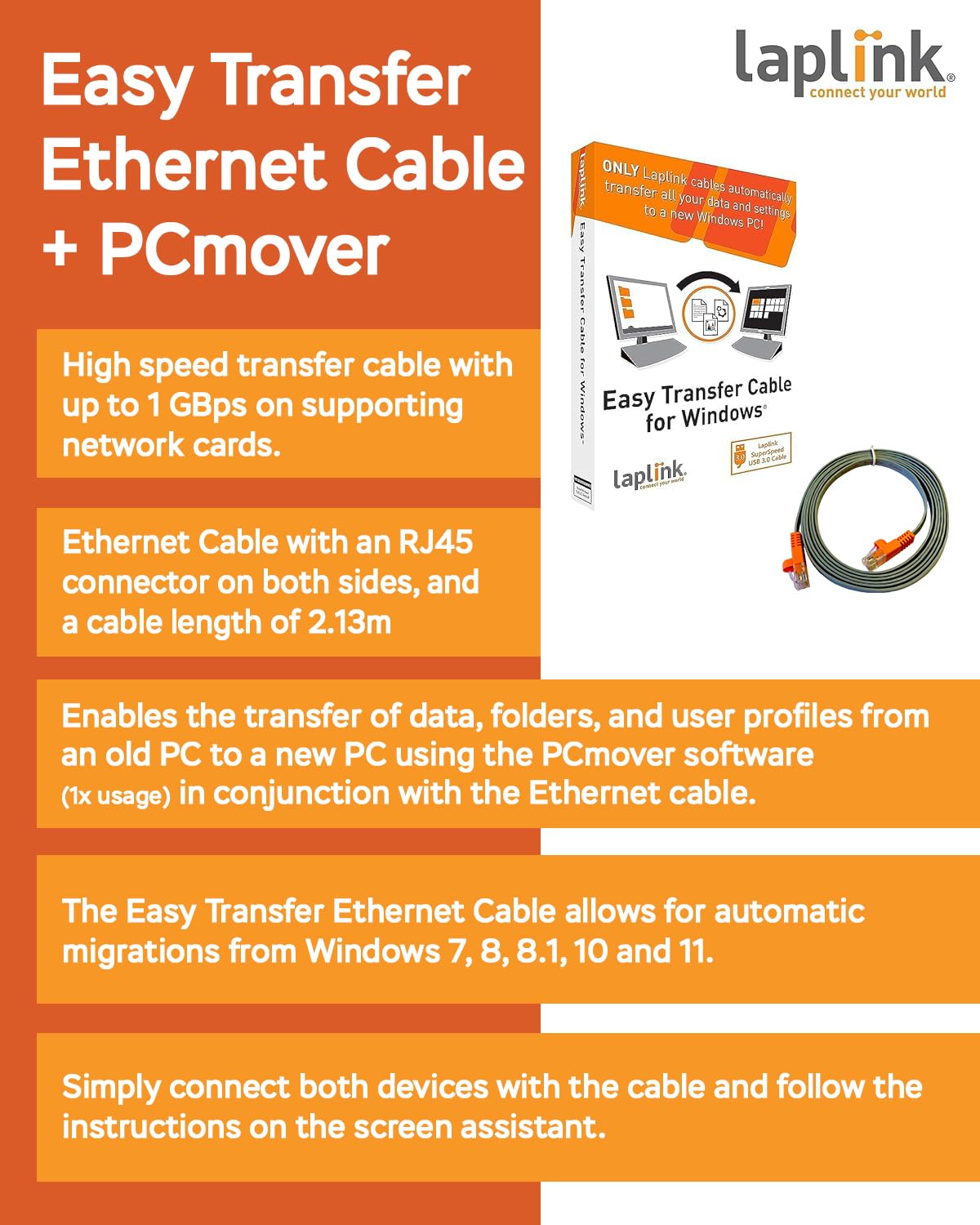 Laplink Easy Transfer Cable with PCmover Express Software - Black, Model PACBLEXV01000PXRTPEN, Transfers Files & User Profiles, Compatible with Windows 11