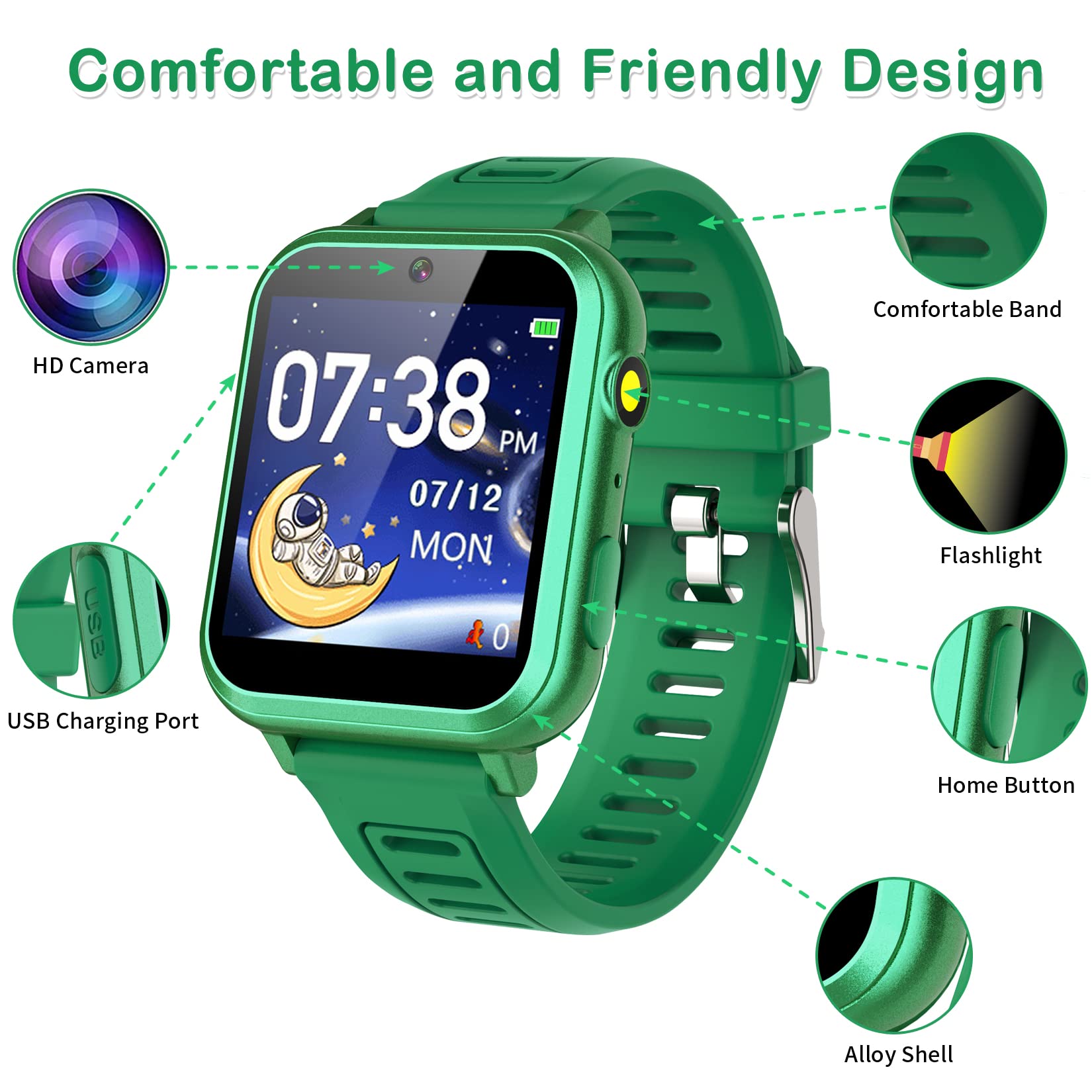 Smart Watch For Kids, Kids Smart Watch With 24 Puzzle Games Camera Video Recorder Music Alarm Calculator Calendar Flashlight Ped