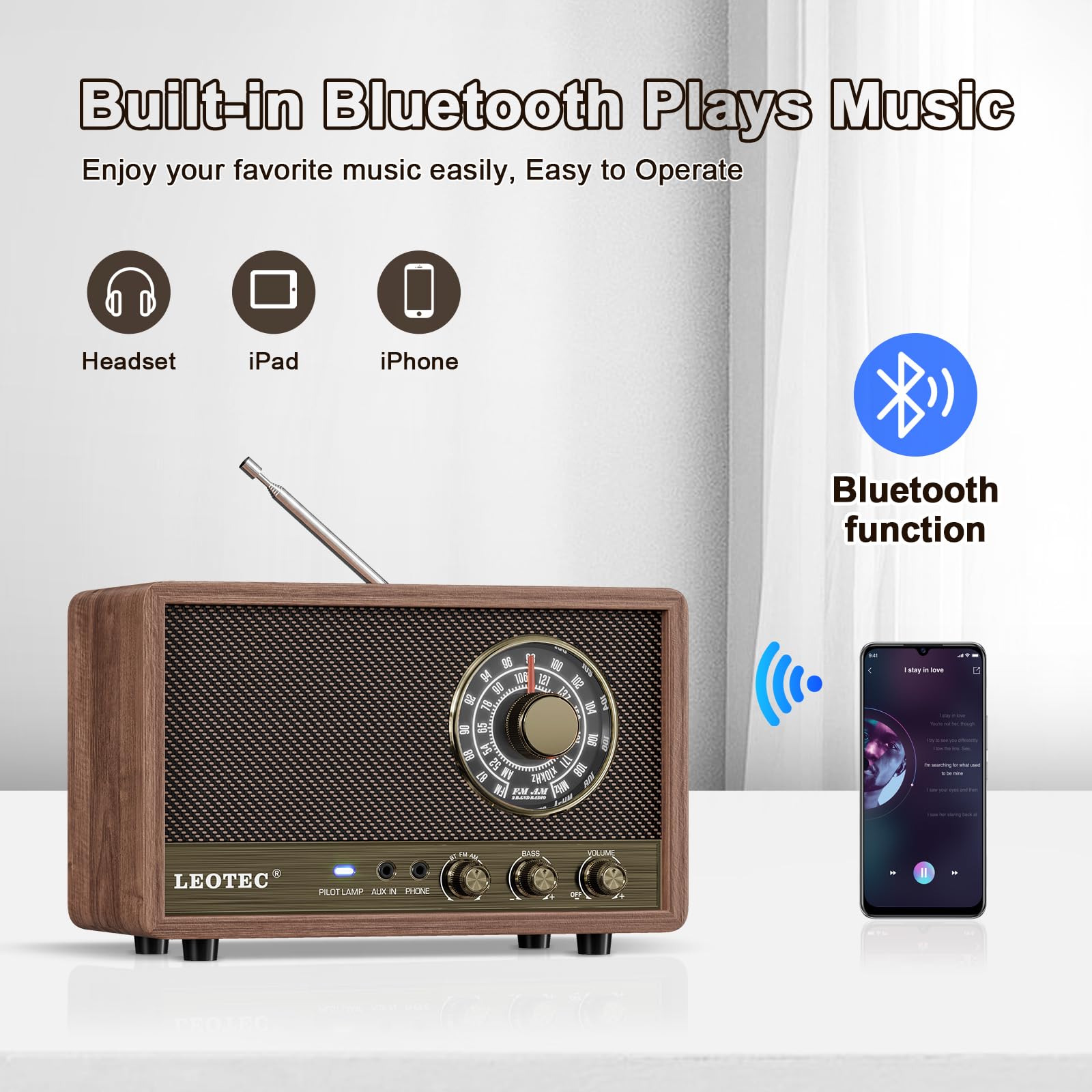 Leotec Am Fm Radio,Retro Wood Table Radio,Portable Bluetooth Speaker Plug In Wall,Best Reception With Aux,Headphone Jack,Great F