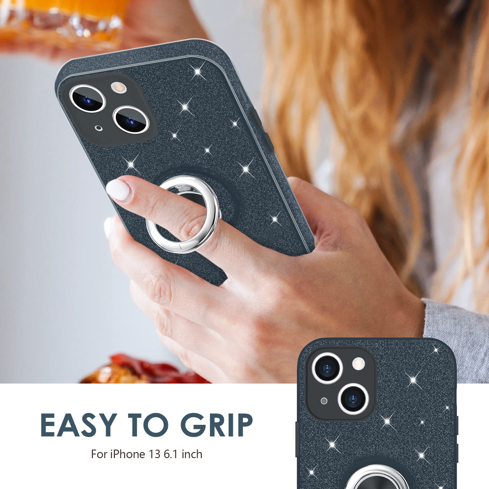 Hython For Iphone 13 Case With Ring Stand [360 Rotatable Ring Holder Magnetic Kickstand] [Support Car Mount] Cute Sparkly Glitte