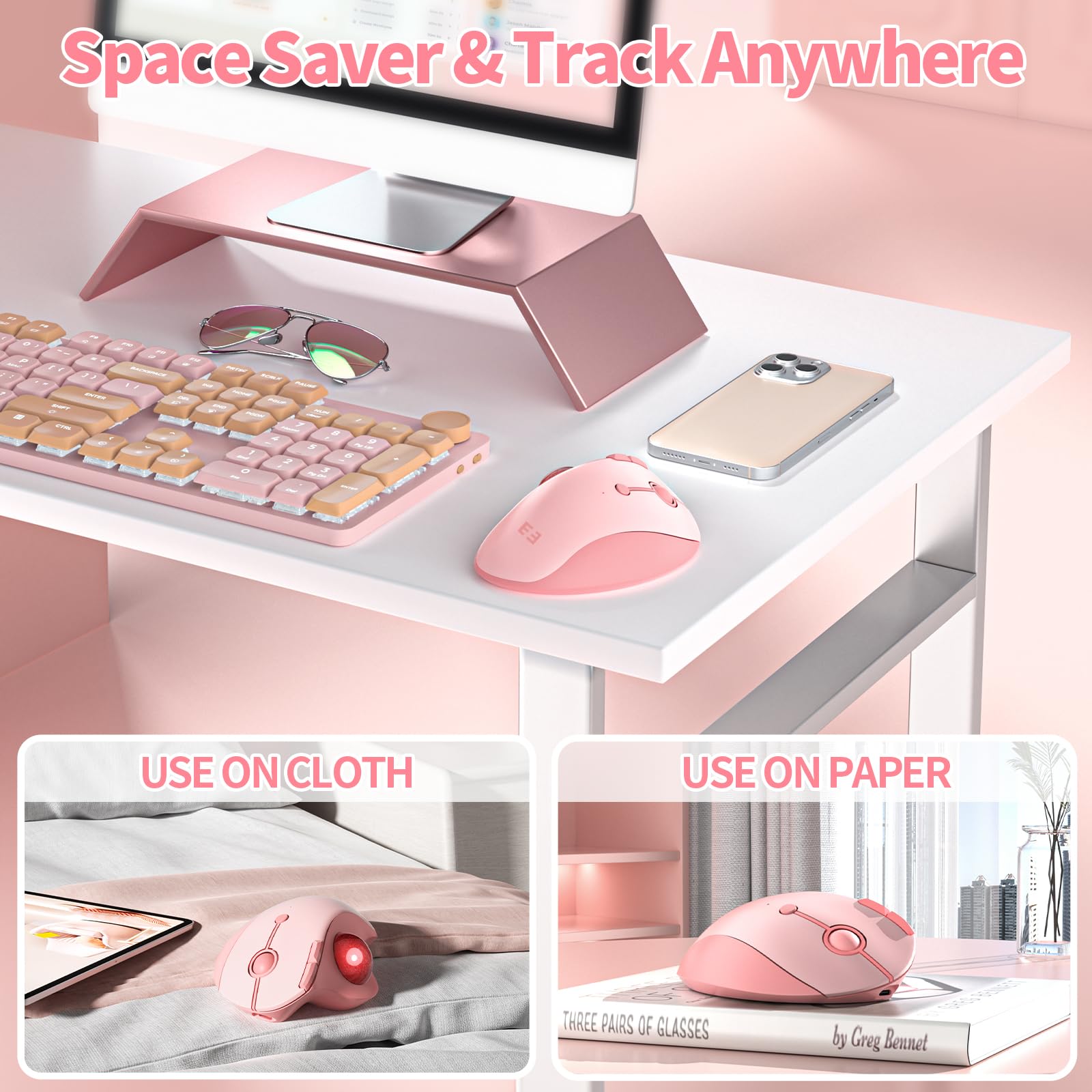 Wireless Trackball Mouse, Bluetooth Ergonomic Mouse   Rollerball Mouse Rechargeable Multi Devices Usb/Bluetooth Connection Thumb Control Mouse Compatible For Mac/Android/Windows Computers, Pink