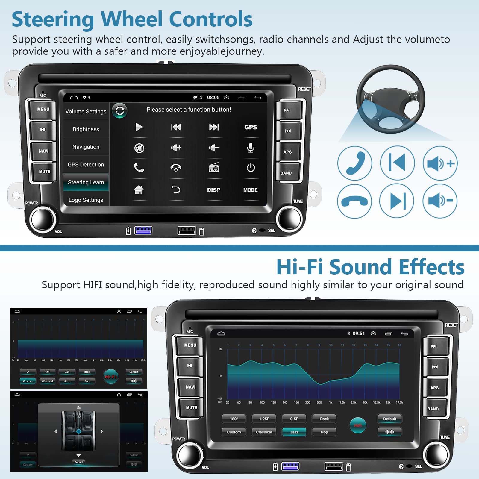 Android For Vw Jetta Seat Passat Tiguan Cc Golf Skoda Double Din Car Stereo With Wireless Carplay/Android Auto 7 Inch Hd Touchsc