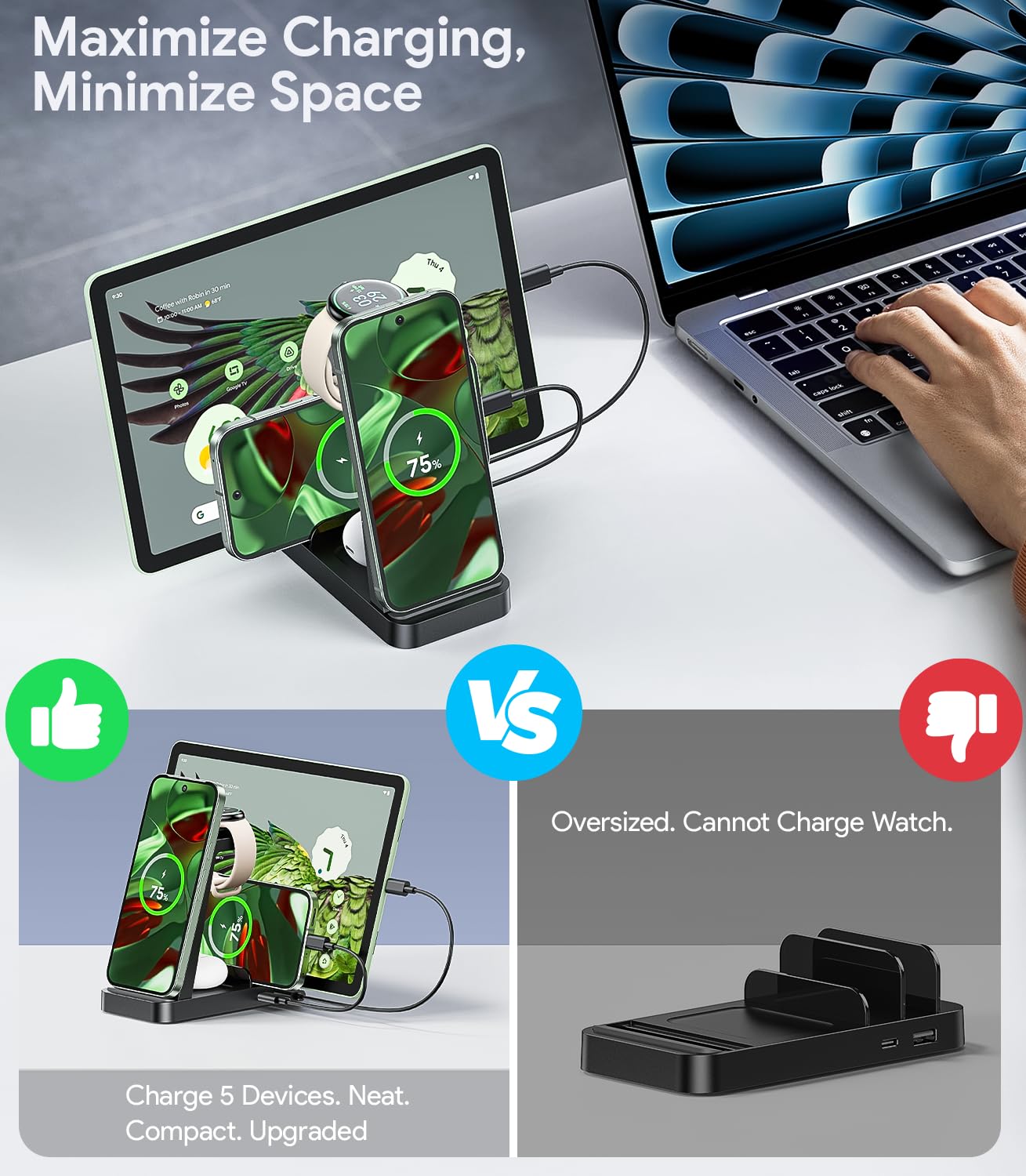 5 In 1 Wireless Charger Station For Google Pixel Watch 3/2, Fast Charging Stand Dock For Multiple Devices: Google Pixel 9 8 7 6