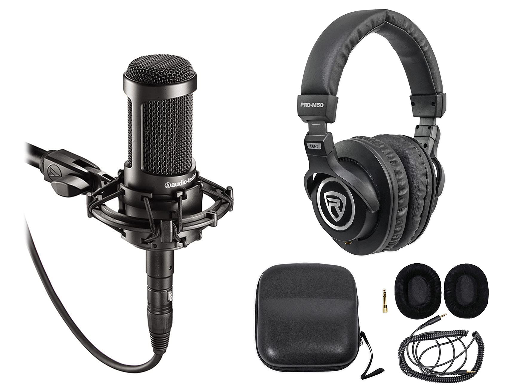 Audio-Technica AT2035 Side Address Cardioid Condenser Studio Microphone with Case Bundle with Rockville PRO-M50 Studio Headphone