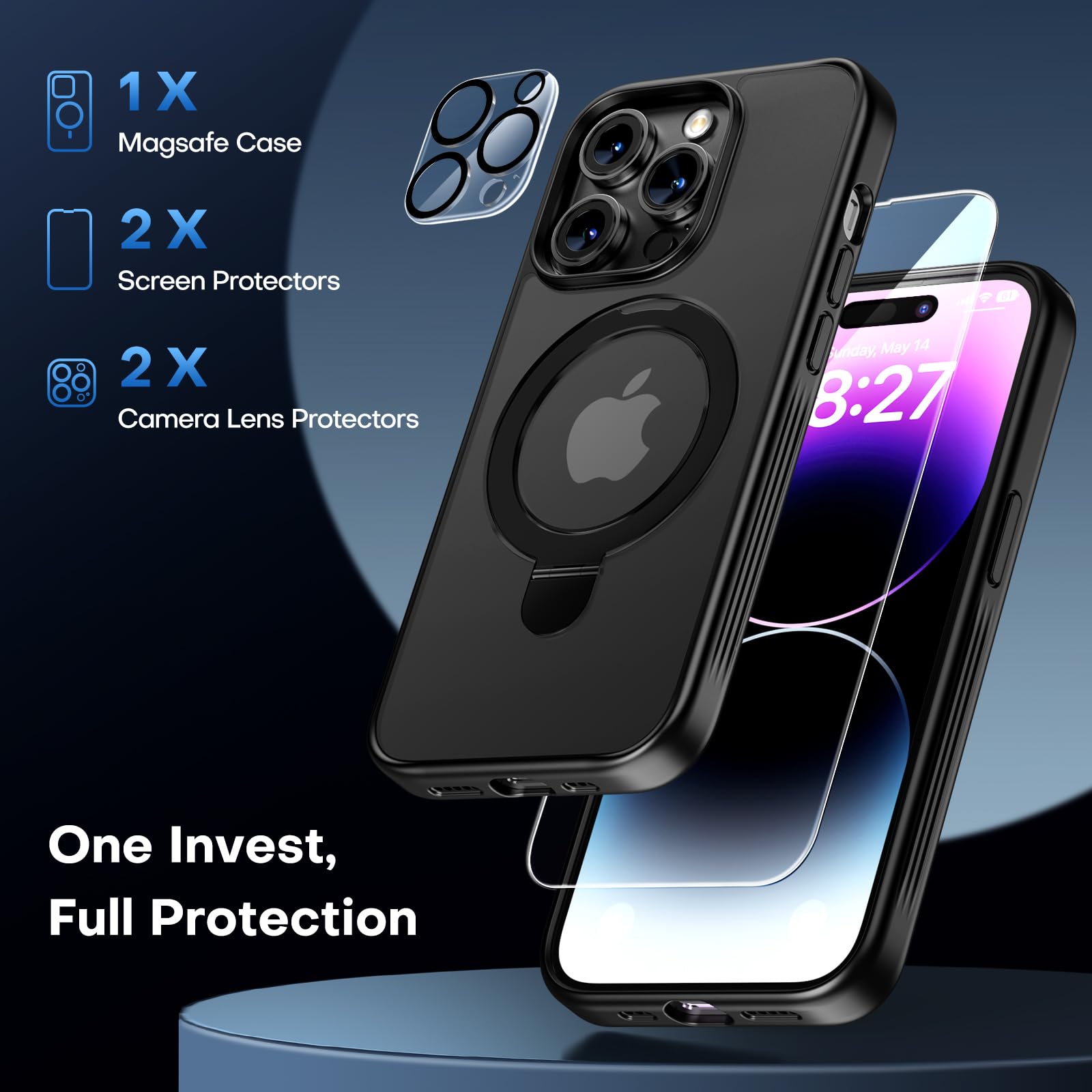 Tauri Magnetic For Iphone 14 Pro Max Case Black, [Designed For Magsafe] With Stand & Ring Holder, Translucent Matte Phone Case