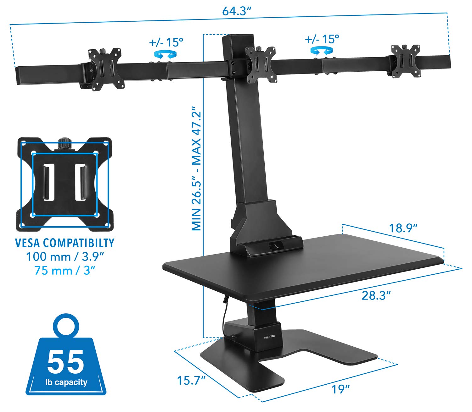 Mount It! Triple Monitor Electric Standing Desk Converter   3 Screens Stand Up Desk Riser   Height Adjustable Desktop & 3 Mounts for Screens up to 32', Sit Stand Convertor for Home, Office, School