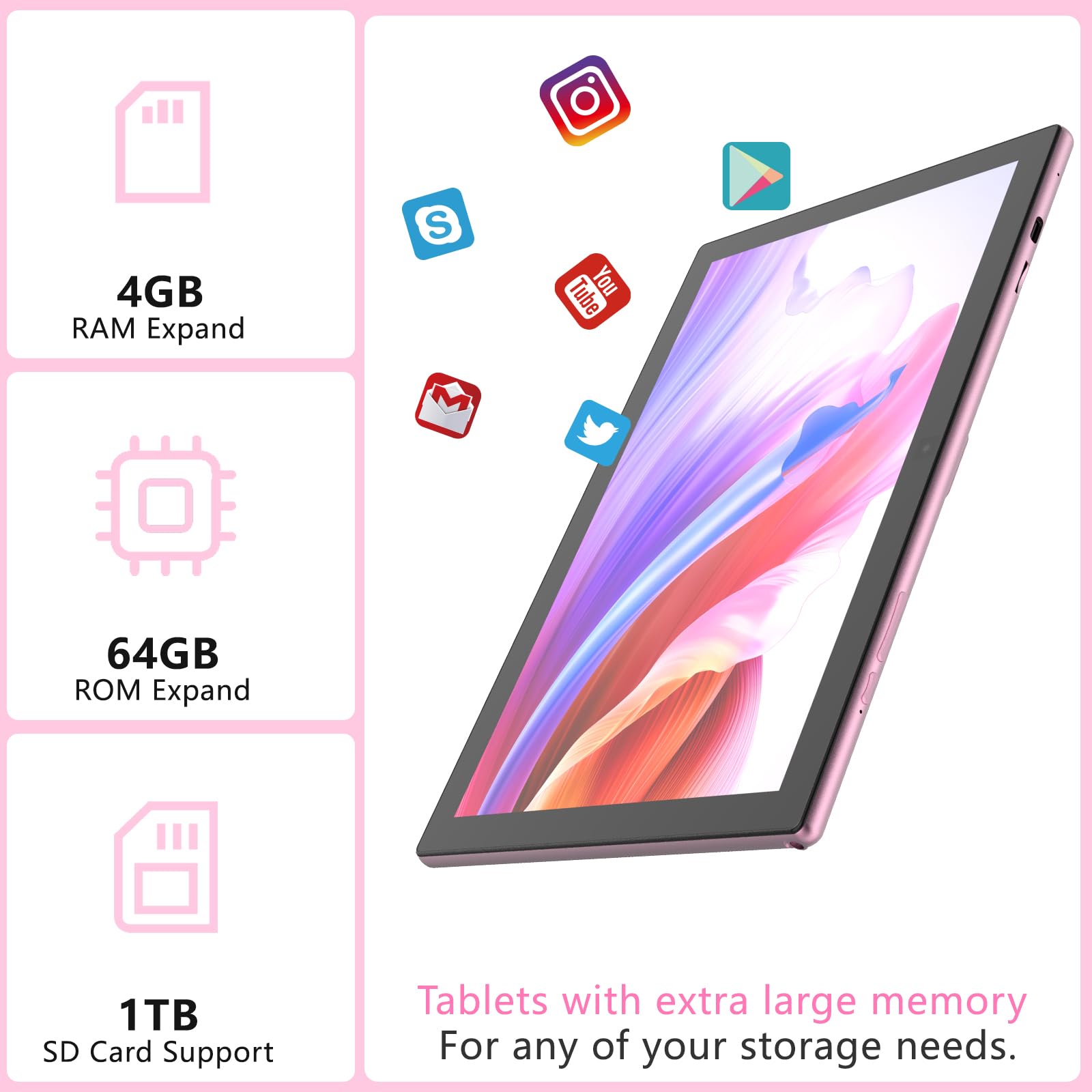 Byandby 2024 Newest Android 12 Tables 10 Inch, 2 In 1 Tablet, Quad Core Processor, 64Gb+4Gb+1Tb Expandable, Wi Fi, Bt, Dual Came